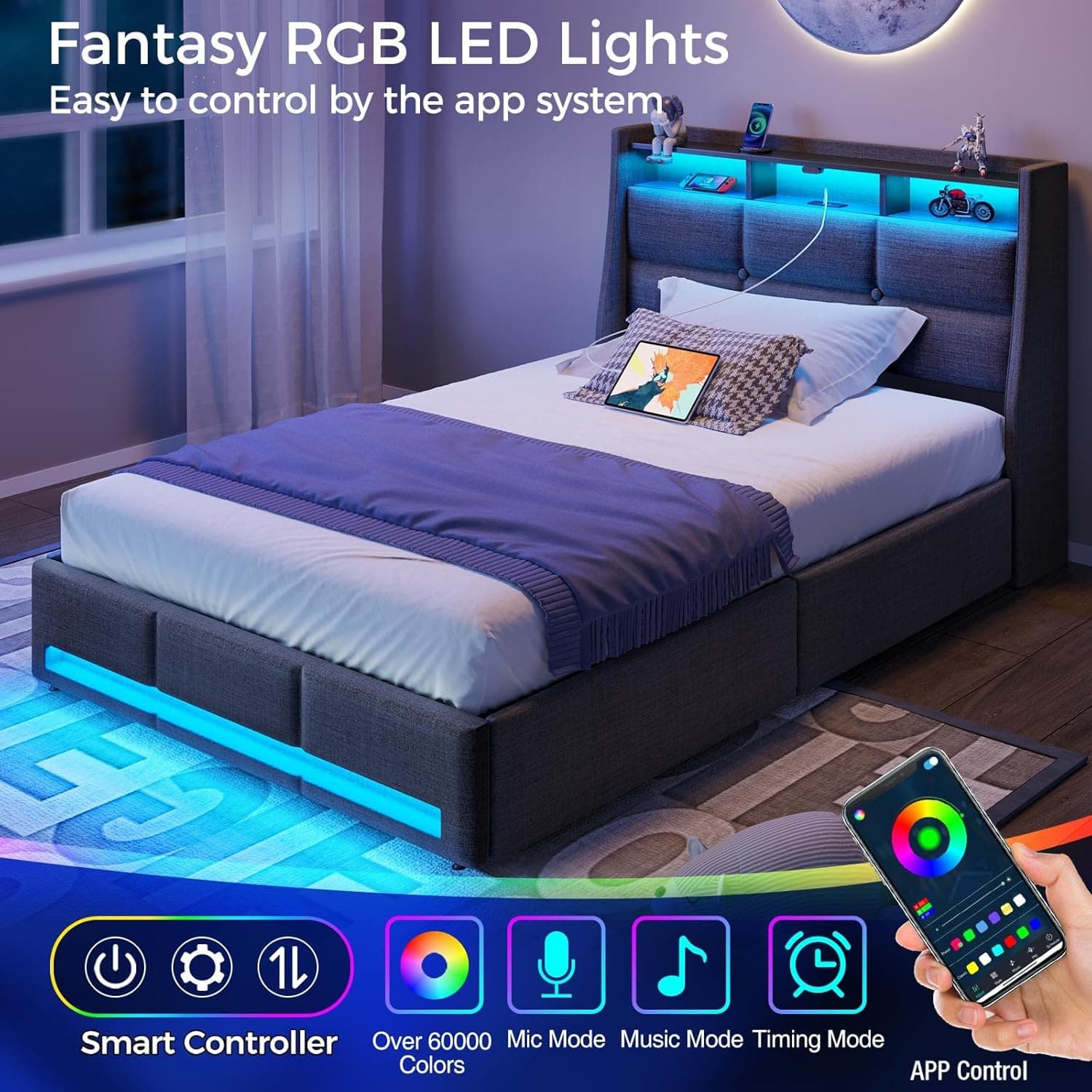 Rolanstar Twin Size Bed Frame with LED Lights and Charging Station, Upholstered Bed Storage Headboard & Drawers, Heavy Duty Wood Slats, Easy Assembly Grey Twin - Image 4