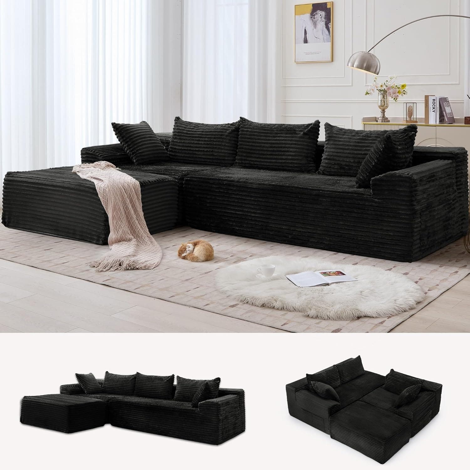 108" Sectional Couches for Living Room, Modular Sectional Sofa with L-Shape Chaise, Cloud Couch, Comfy Corduroy Fluffy Couch with Deep Seat and Side Pockets, No Assembly Required Jet Black - Image 2