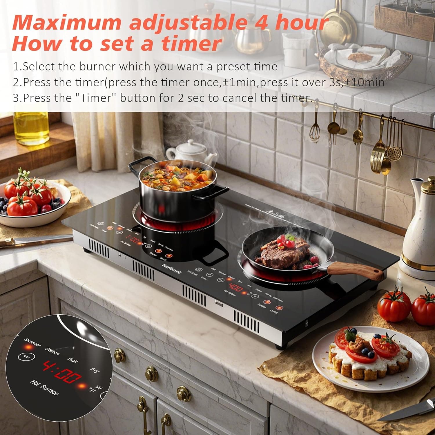 2 Burner Electric Cooktop 110v, 2000W Electric Stove Top Countertop & Built-in, Plug-in Electrics Cooktop 24 Inch, 8 Power Levels & 8 Functions, Touch Control, Safety Lock, Timer, Karienvir 24 inch black 2 burner - Image 2