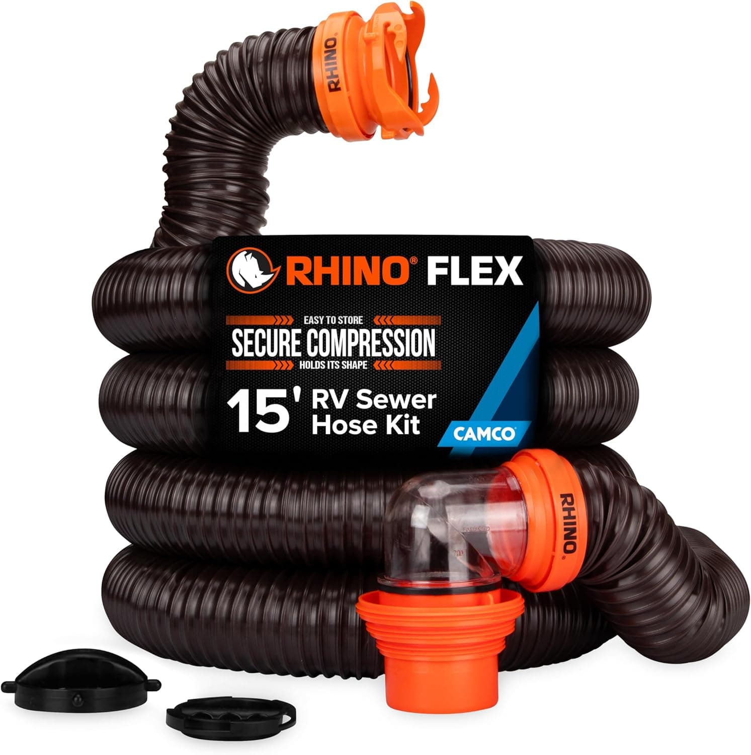 Camco RhinoFLEX 15-Ft RV Sewer Hose Kit - Features Clear Elbow Fitting w/Removable 4-in-1 Adapter - Connects to 3” Slip or 3”/3.5”/4” NPT Threaded Sewer Connection (39770) 15' Rhino Sewer Hose - Image 2