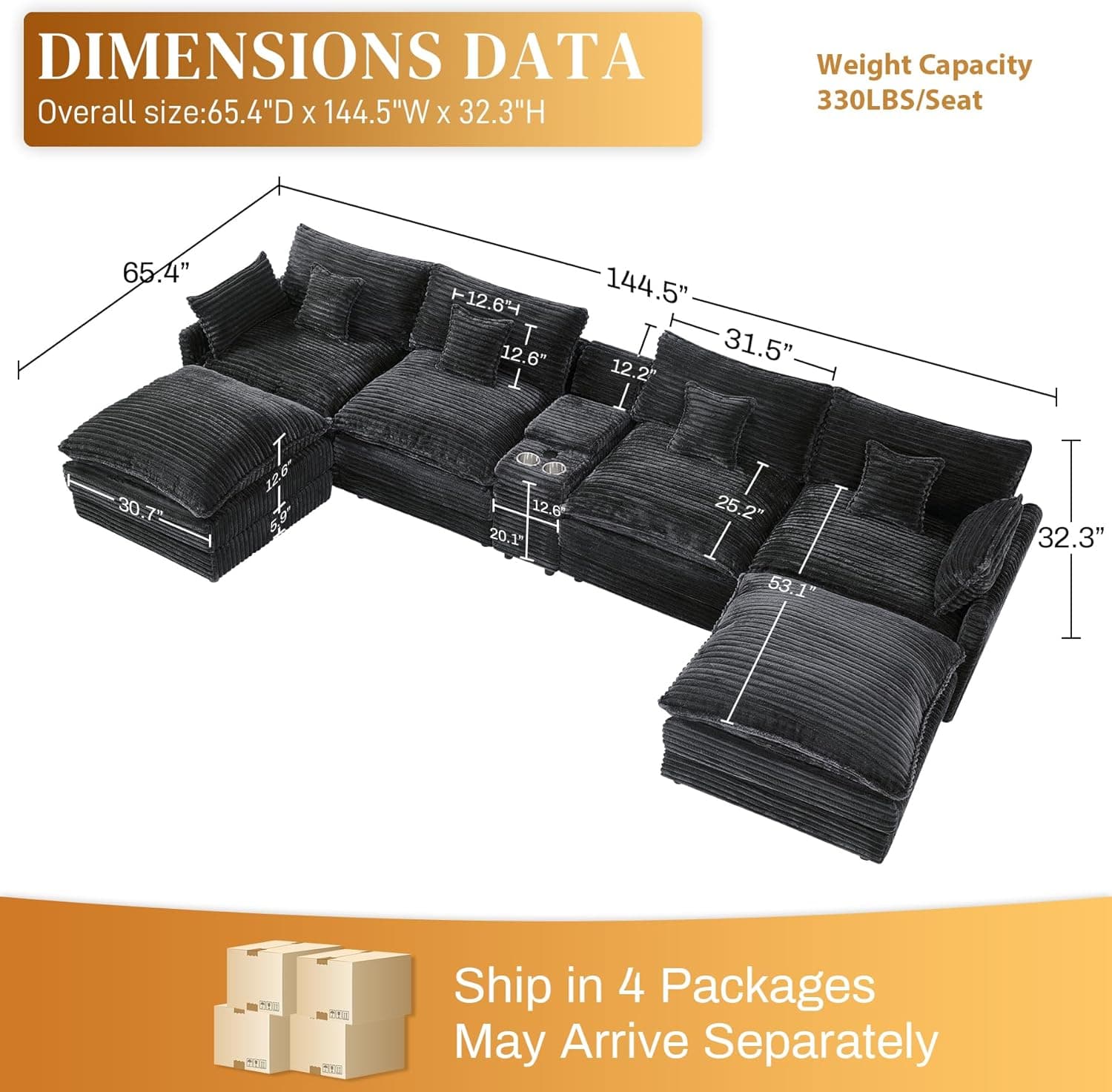HYJT-H&K 145" U Shaped Cloud Couch Modular Dark Grey Sectional Couches for Living Room, Comfy Fluffy Corduroy Oversized Cloud Sectional Couch Large 6 Seat Sectionals Sofa Set Central Console USB Port 145" Dark Grey - Image 3