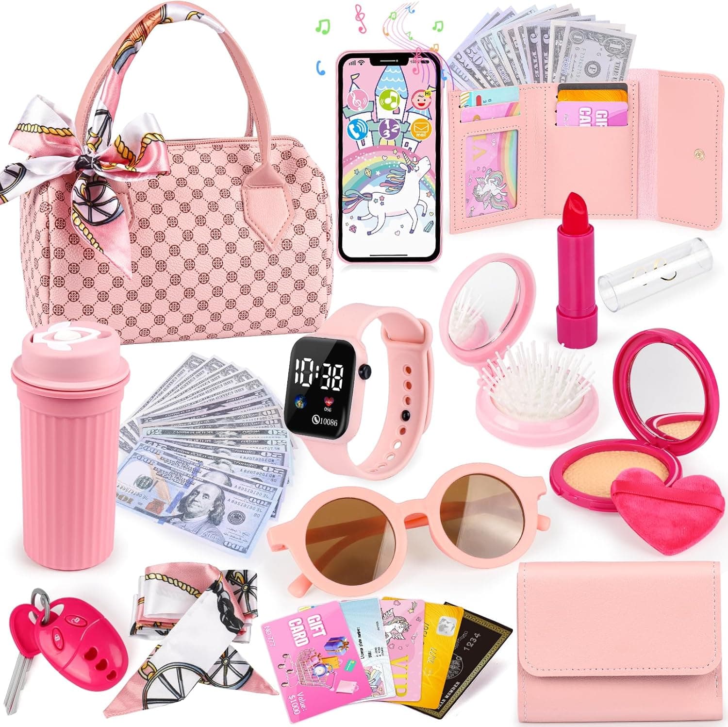 Play Purse for Little Girls, 32PCS Toddler Purse with Pretend Makeup for Kids, Princess Toys Includes Handbag, Phone, Wristwatch, Silk Scarf Kids Toy Purse Birthday Gift for Girls 3 4 5 6 + - Image 2