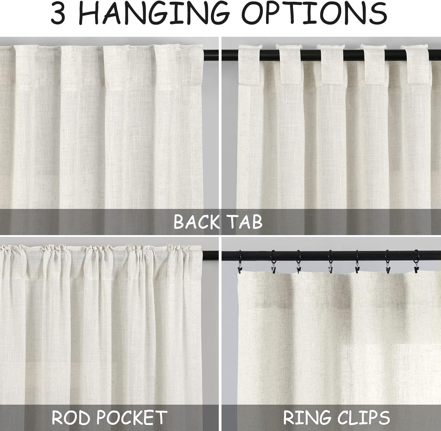Cream Linen Back Tab Curtains 84 Inch Length for Living Room 2 Panel Set Neutral Modern Farmhouse Window Privacy Semi Sheer Linen Drapes Rustic Pinch Pleated Look Curtain Natural Ivory Colored 52"W x 84"L (Pack of 2) Natural - Image 4