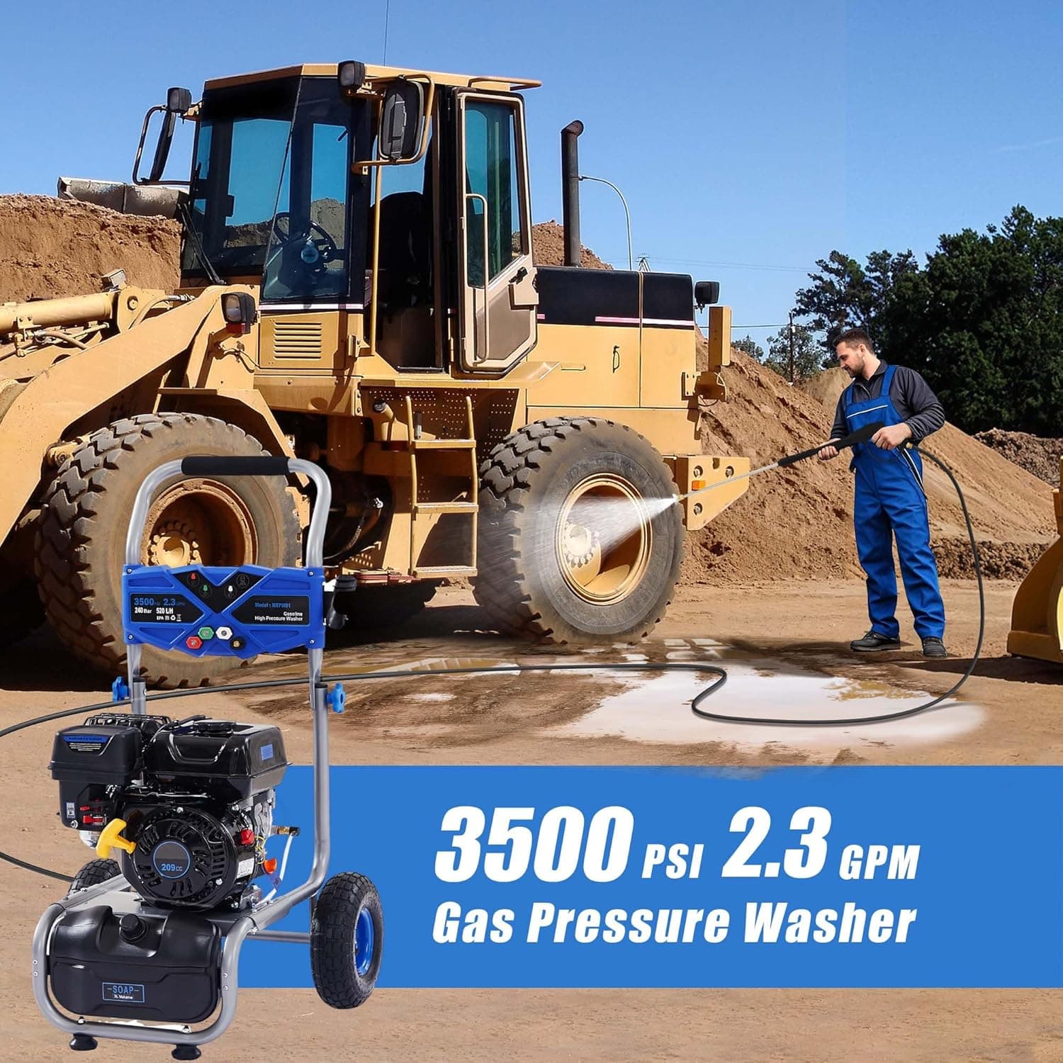 3500 PSI Gas Pressure Washer, 209CC Engine, 2.3 GPM, 4 Adjustable Nozzles, 25ft Hose for Cleaning Cars, Patios, Walls, and Gardens (Blue) - Image 7