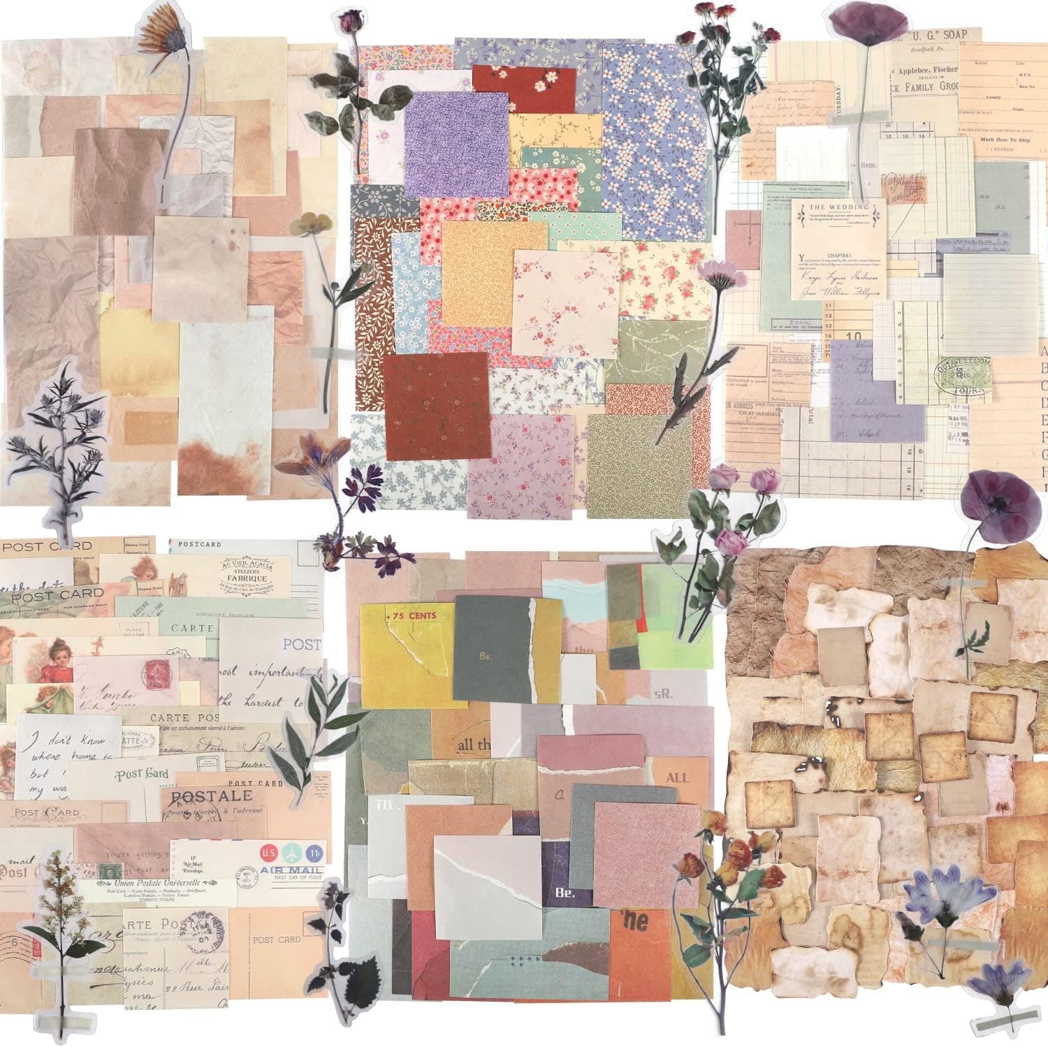 445 PCS Vintage Scrapbook Paper Journaling Scrapbooking Supplies Kit Aesthetic Decorative Craft Paper include 40 Sheet Flowers Stickers for Planner, Bullet Journaling, Junk Journal, Retro Crafts Vintage-445PCS - Image 2