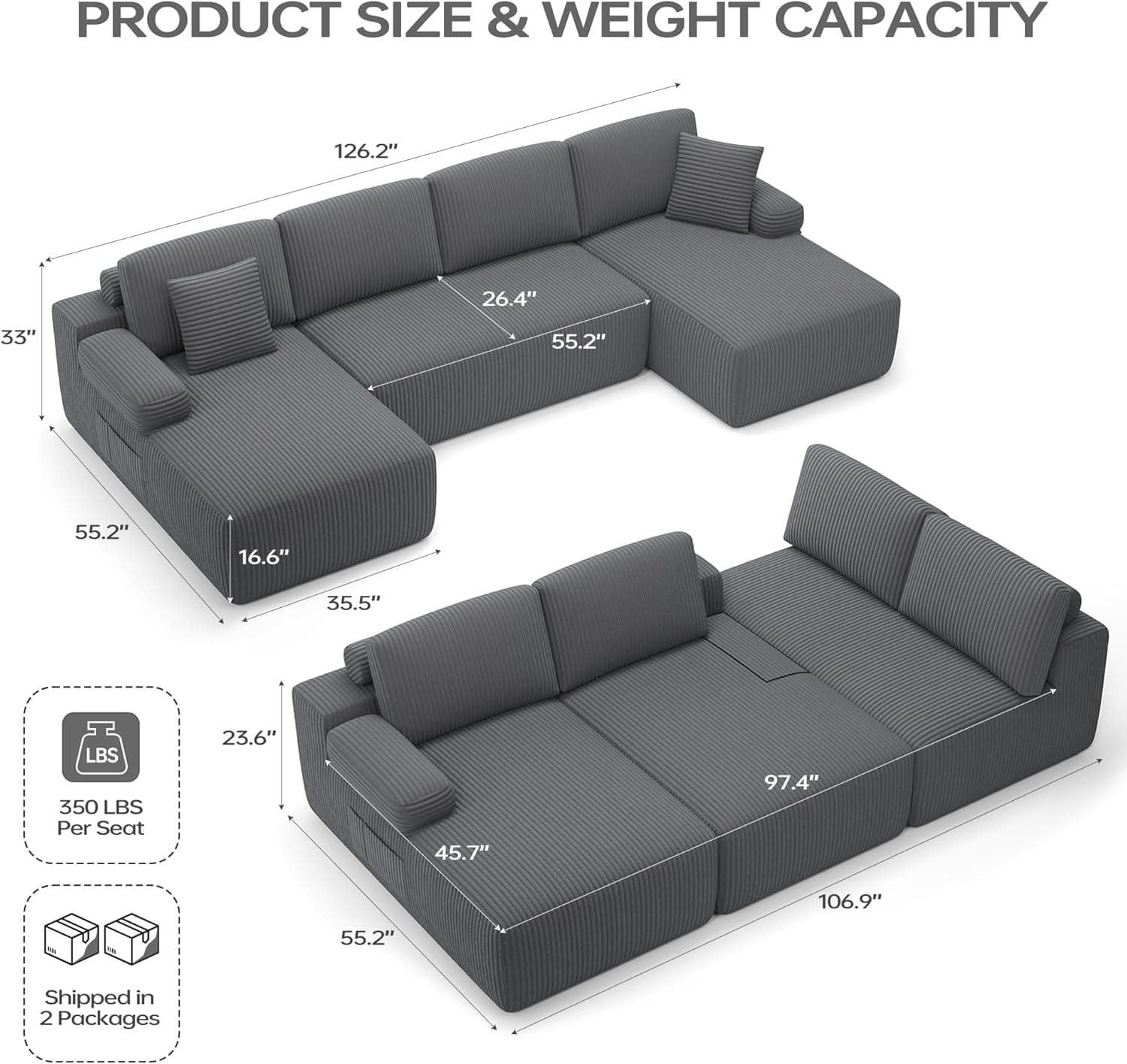 DURASPACE 126.2'' U-Shaped Modular Sectional Sofa Couch, Convertible 4-Seater Boneless Couches for Living Room (Gray) Grey - Image 3