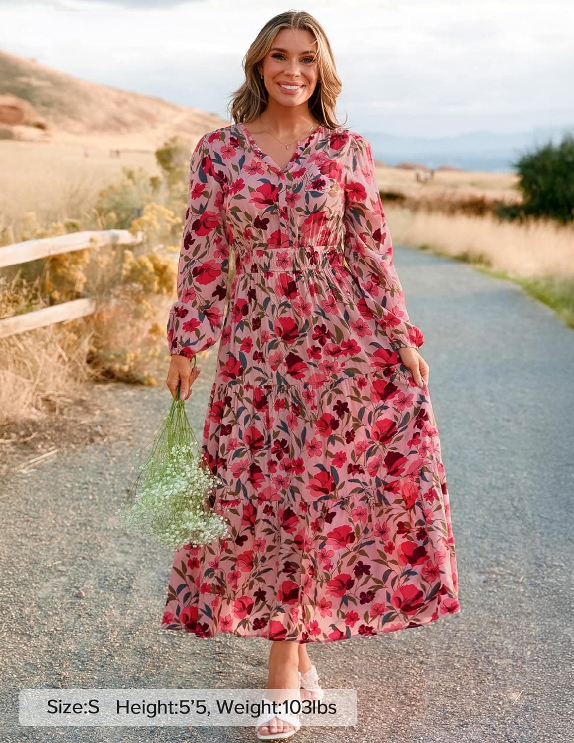 ZESICA Women's 2025 Fall Long Sleeve Maxi Dress Floral Print V Neck Empire Waist A Line Tiered Flowy Boho Party Dresses Vintagepink Medium - Image 7