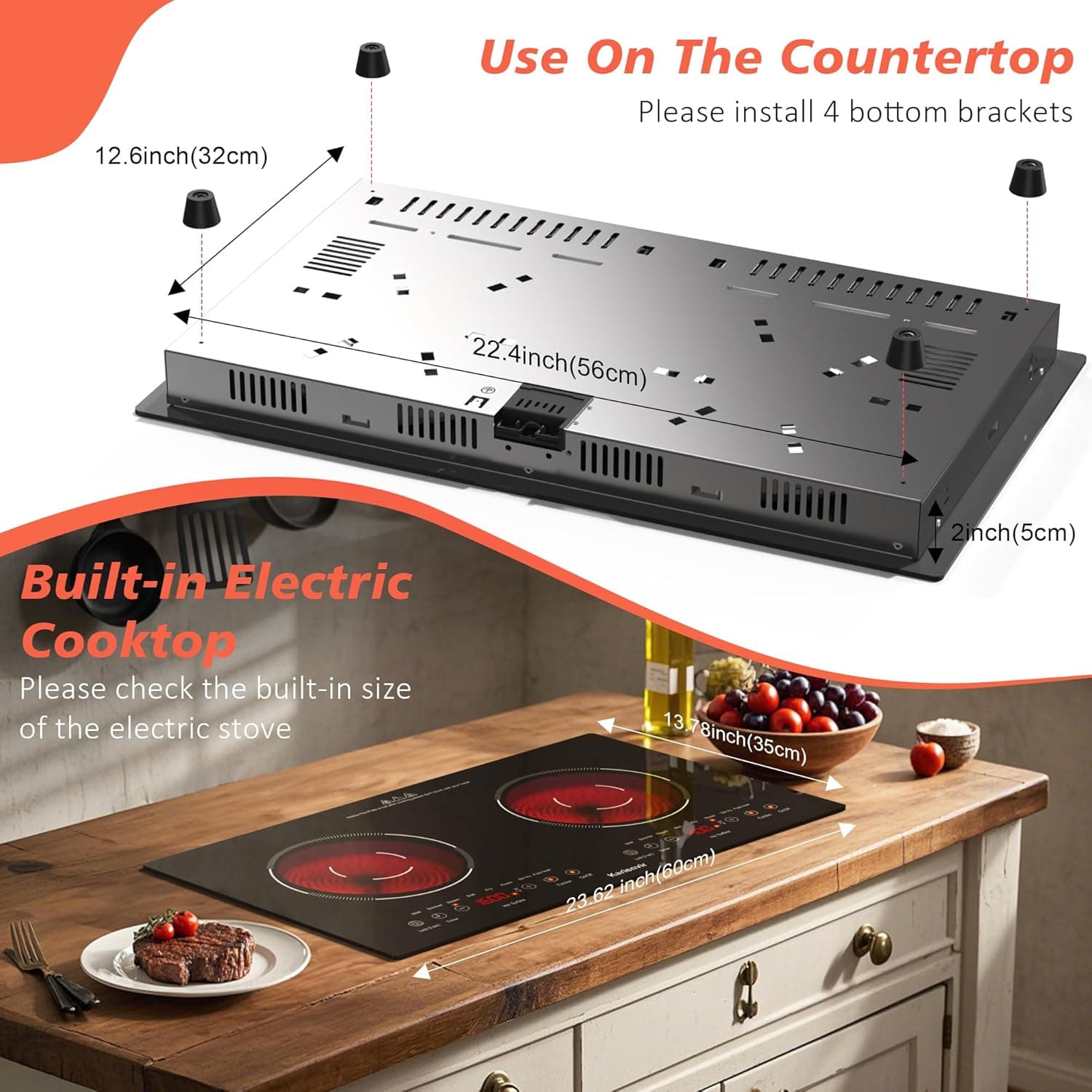 2 Burner Electric Cooktop 110v, 2000W Electric Stove Top Countertop & Built-in, Plug-in Electrics Cooktop 24 Inch, 8 Power Levels & 8 Functions, Touch Control, Safety Lock, Timer, Karienvir 24 inch black 2 burner - Image 7