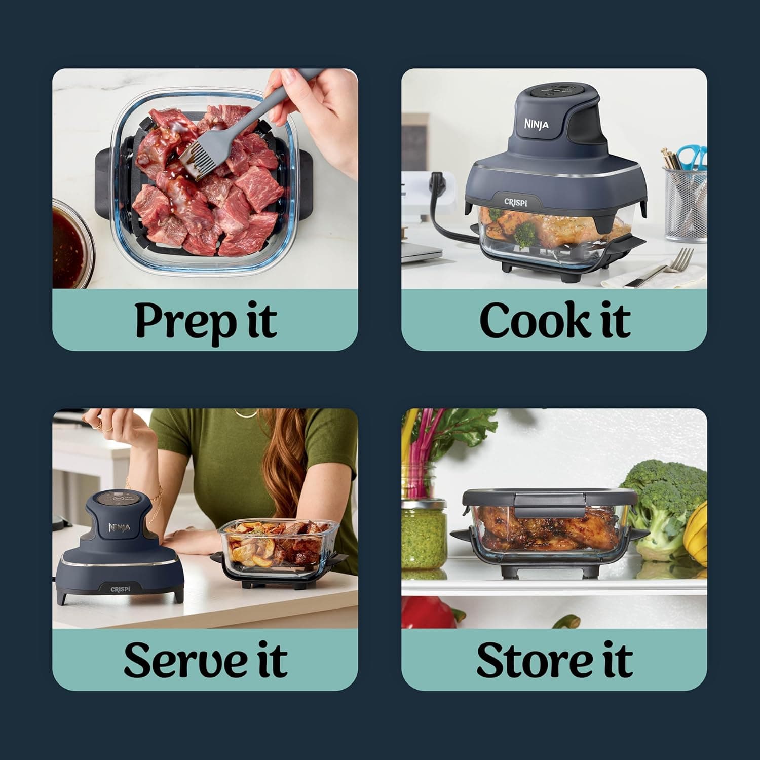 Ninja Crispi 4-in-1 Portable Glass Air Fryer Cooking System, 1500W, 4QT & 6-Cup TempWare Glass Containers with Storage Lids, Microwave, Freezer & Dishwasher Safe, Cyberspace Gray, FN101GY Navy - Image 9