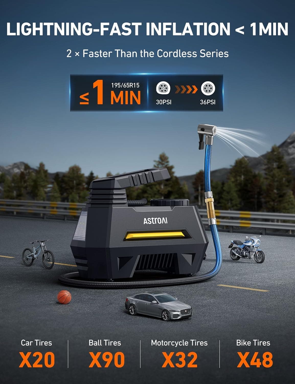 AstroAI Tire Inflator Portable Air Compressor Air Pump for Car Tires-Car Accessories, 9.8Ft Cord-12V DC-Powered Auto Pump with Digital Pressure Gauge, Emergency LED Light for Bicycle, Balloons, Yellow Yellow Large - Image 3