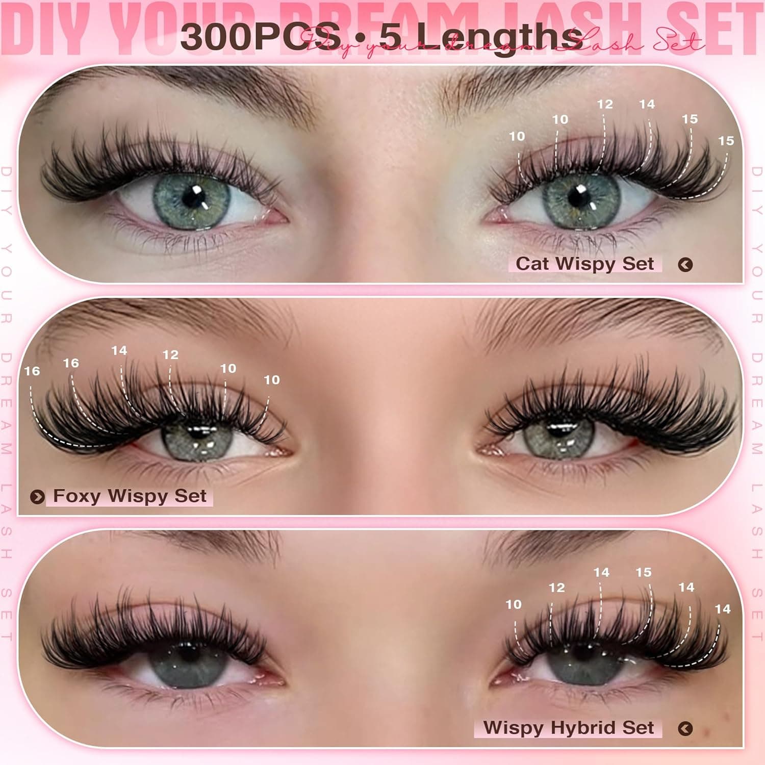 Lash Clusters Kit Wispy Eyelash Clusters Lashes Natural DIY Lash Extension Kit 10-16mm Cluster Eyelash Extensions Kit 300pcs C Curl Individual Lashes Cluster Eyelash (No Tweezers) E-CC Curl no tweezers - Image 7