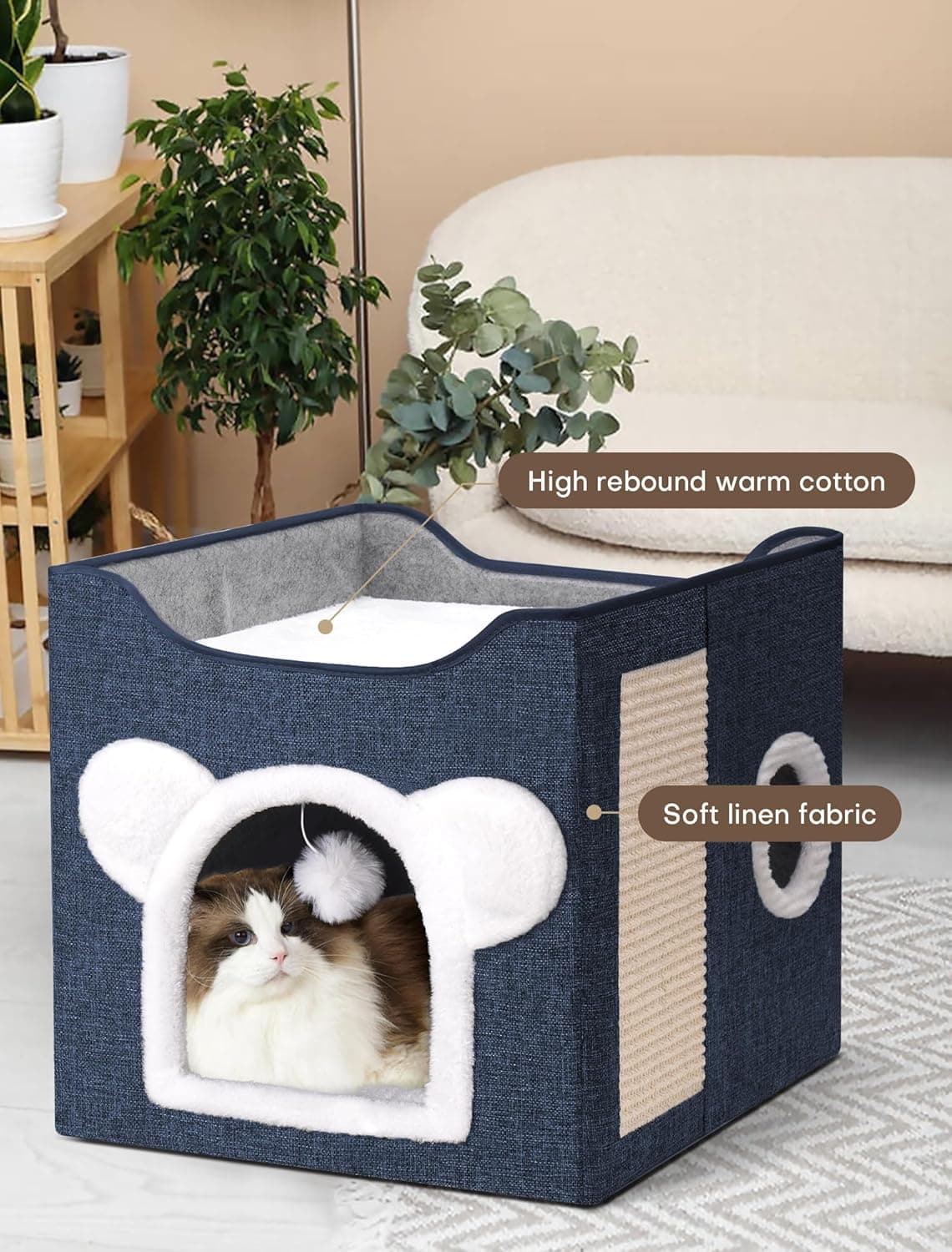 Cat Houses for Indoor Cats, Large Cat Cave with Fluffy Ball and Scratch Pad, Covered Cat Bed House, Foldable Cat Hideaway Deepblue - Image 8
