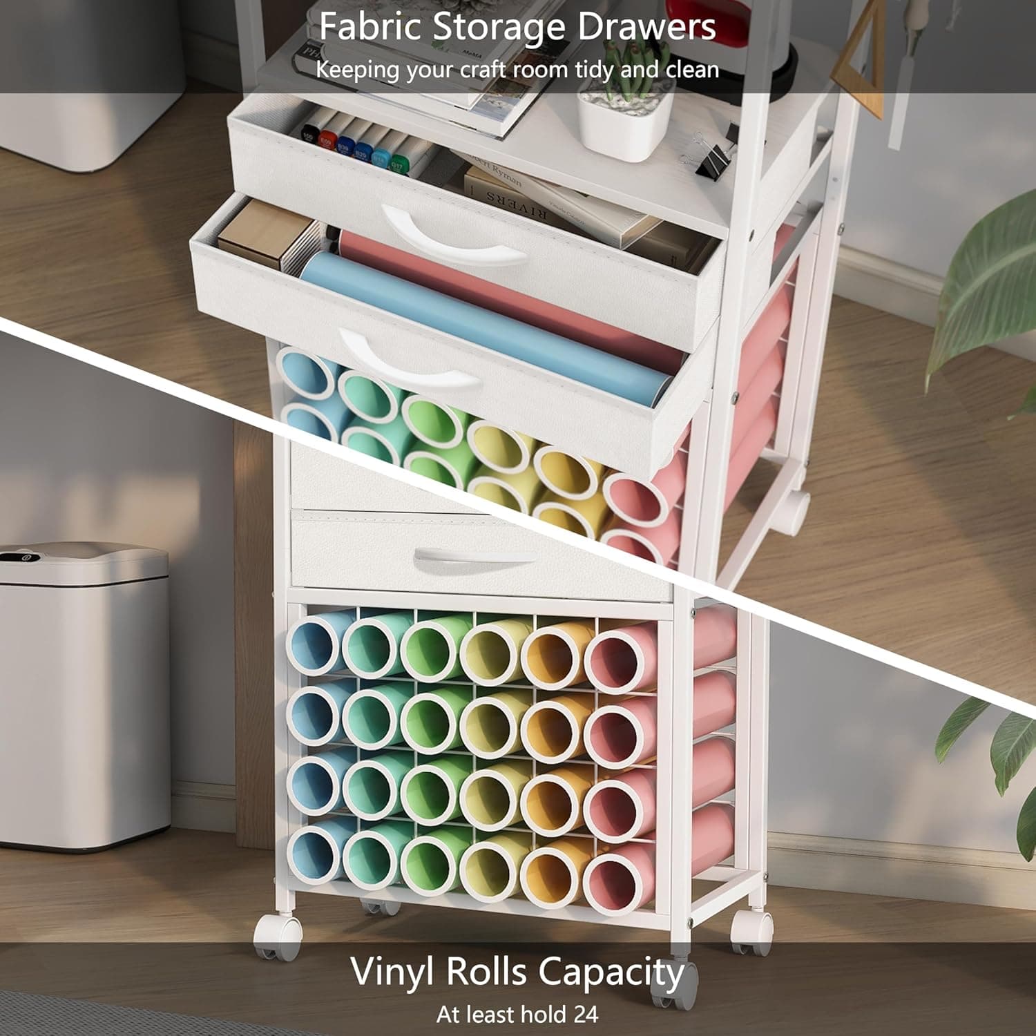 Organizer and Storage Stand Compatible with Cricut Machines,Rolling Storage Cart/Shelf with 24 Vinyl Roll Holders，2 Fabric Drawer,Accessories Holder,Tool Hook for Craft Room Home (white) - Image 5