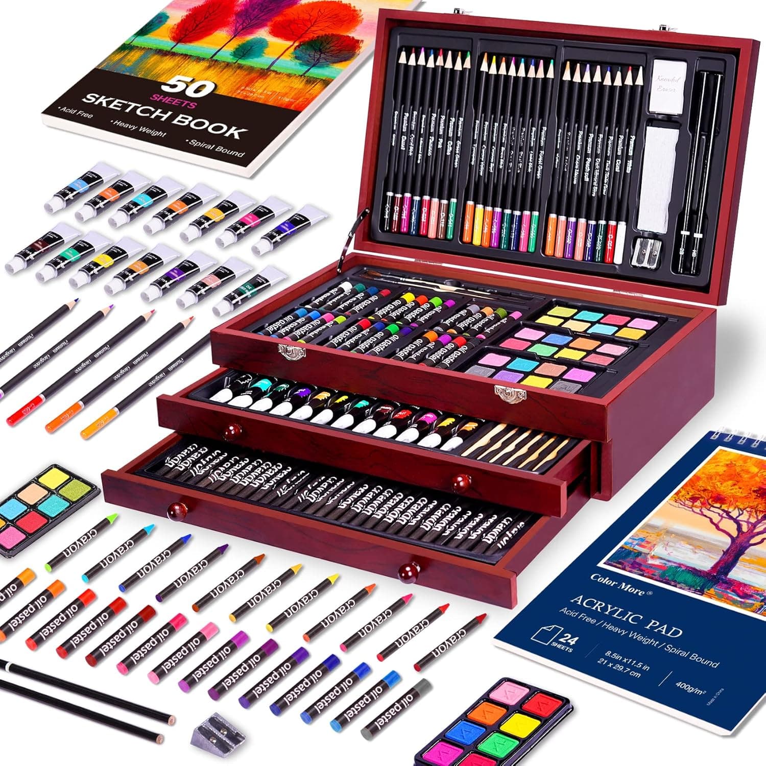 Color More 175 Piece Deluxe Art Set with 2 Drawing Pads, Acrylic Paints, Crayons, Colored Pencils, Paint Set in Wooden Case, Professional Art Kit, Art Supplies for Adults, Teens and Artist, WoodMuse Plus Cherry - Image 5