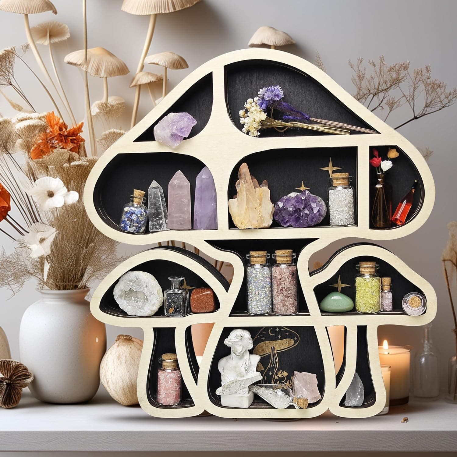 Wooden Mushroom Floating Shelves, Crystal Display Shelf for Wall, Cute Mushroom Wall Decor, Rock Gem Stone Storage Organizer, Essential Oil Holder Hanging Case, Meditation Art Spiritual Gift 3 Mushrooms - Image 3
