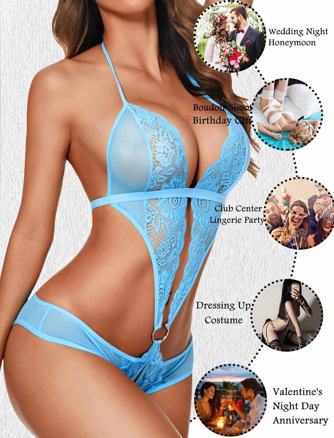 Avidlove Women Deep V Lingerie Lace Teddy One Piece Babydoll Mini Bodysuit Small Light Blue - Image 7