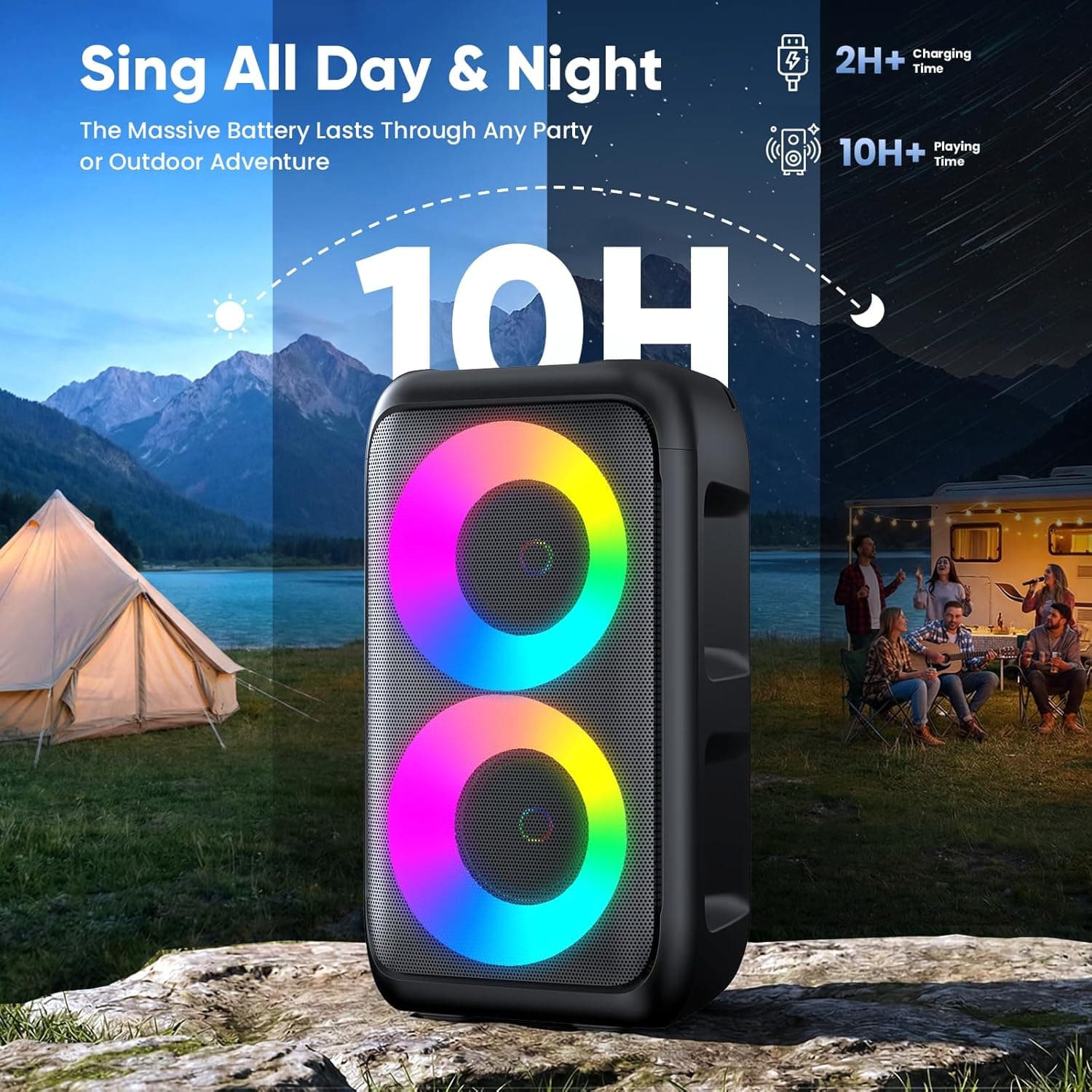 Karaoke Machine for Adults Kids, Portable Bluetooth Speaker with 2 Wireless Microphones, TWS Mode & LED Light, 10H Battery PA System Stage Monitors,Perfect for Home Party Outdoor Birthday Gifts(Black) - Image 7