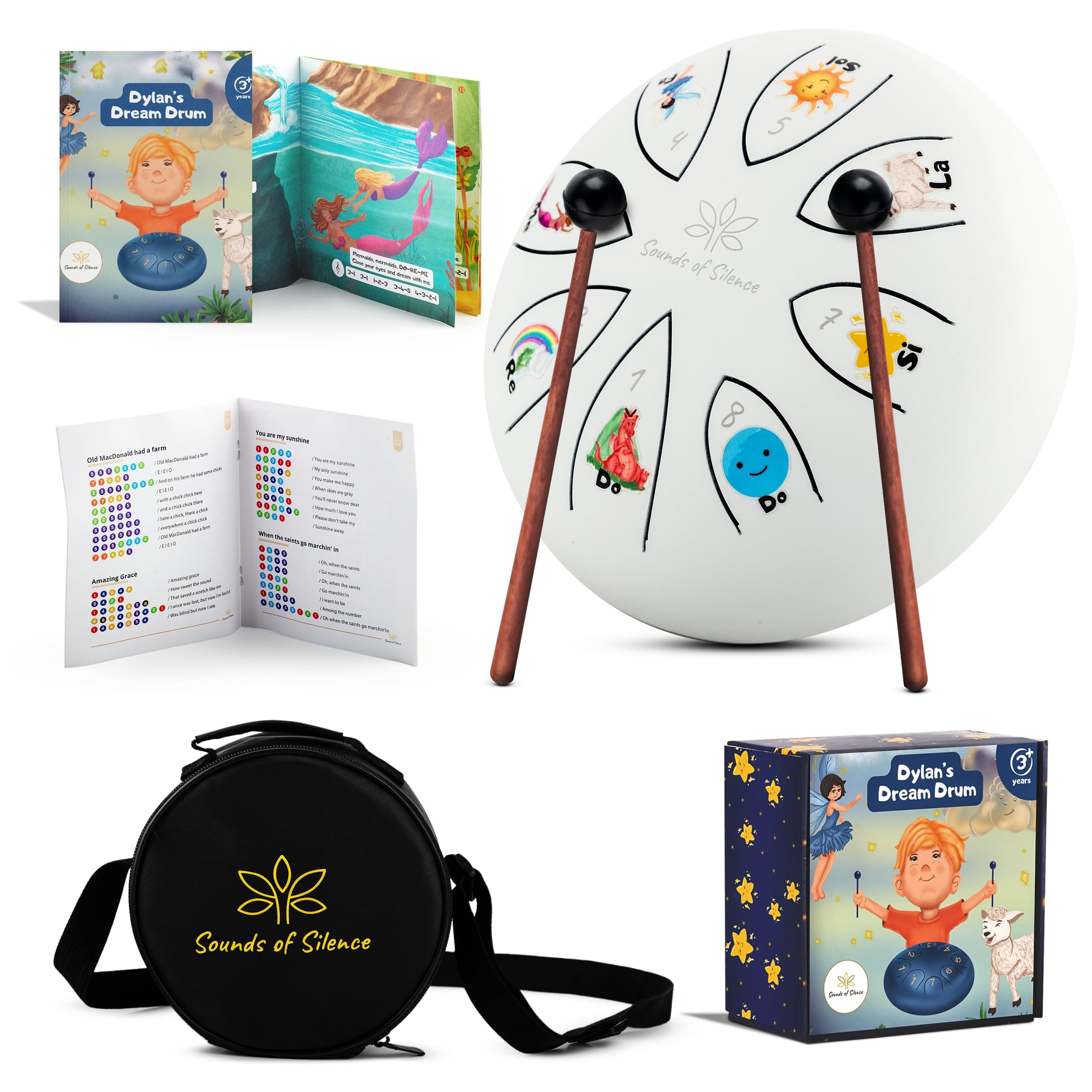 Steel Tongue Drum With Songbook And Bedtime Story - Kids Musical Instruments - Musical toys for toddlers, Dylan's Dream Drum 3 In 1 Handpan drum, 6 Inch 8 notes, Diatonic White Dylan's Dream Drum
