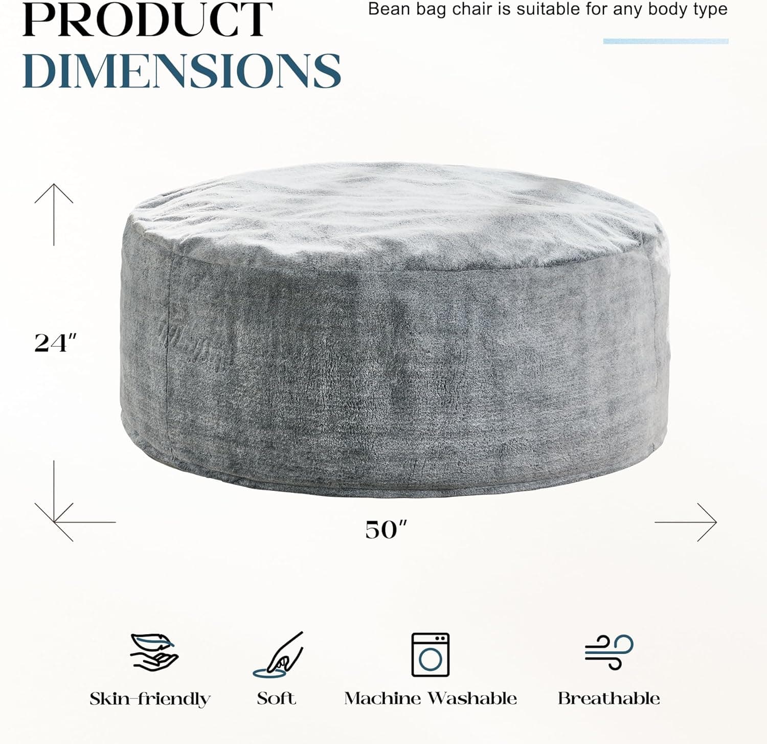 Hobestluk Bean Bag Chairs Giant Beanbag Chair with Filler, Memory Foam Bean Bags with Fluffy & Machine Washable Cover, Bean Bag Chairs for Aduts for Living Room, Bedroom (Grey, 5FT - 50” x 50” x 24”) Grey 5FT - 50” x 50” x 24” - Image 3