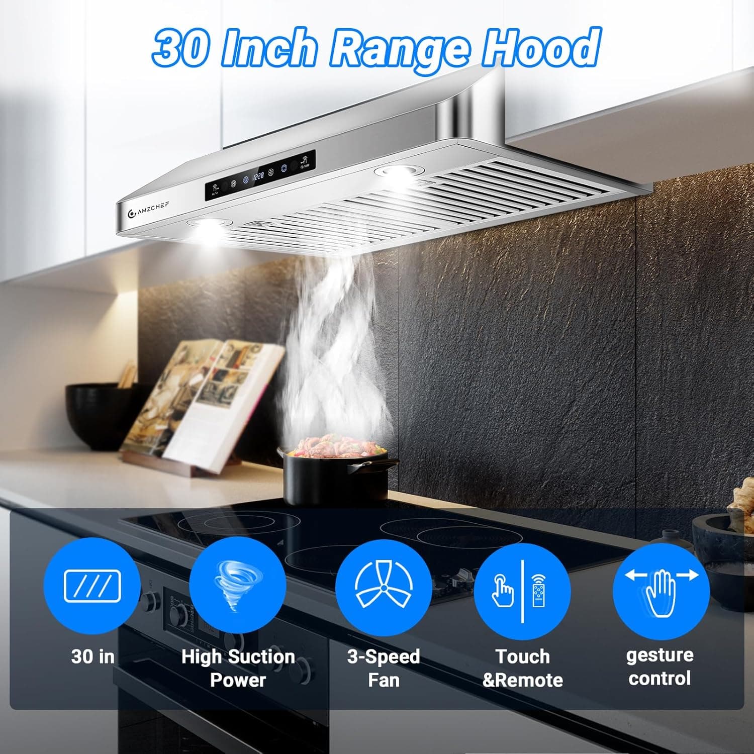 AMZCHEF Under Cabinet Range Hood 30 Inch, 750CFM Stainless Steel Kitchen Stove Vent Hood 3 Speed Exhaust Fan Touch/Remote/Gesture Control LED lights Time Setting Dishwasher-Safe Baffle Filters - Image 3