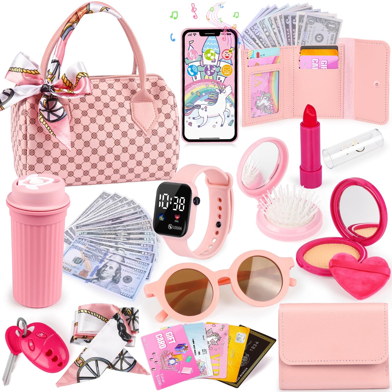 Play Purse for Little Girls, 32PCS Toddler Purse with Pretend Makeup for Kids, Princess Toys Includes Handbag, Phone, Wristwatch, Silk Scarf Kids Toy Purse Birthday Gift for Girls 3 4 5 6 +
