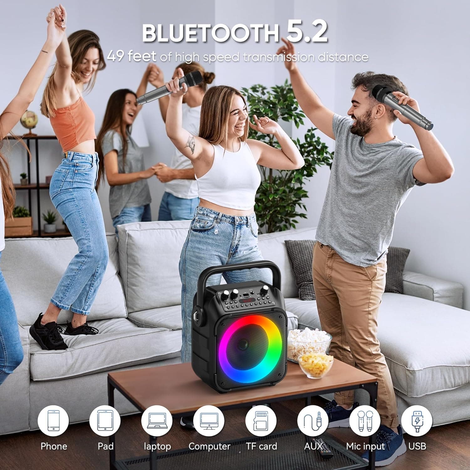 Karaoke Machine, Portable Bluetooth Speaker with 2 Wireless Microphones for Adults & Kids with Lights, Karaoke Microphone with PA System Supports USB/TF/FM/AUX for Home Party Home System Packages Black - Image 3