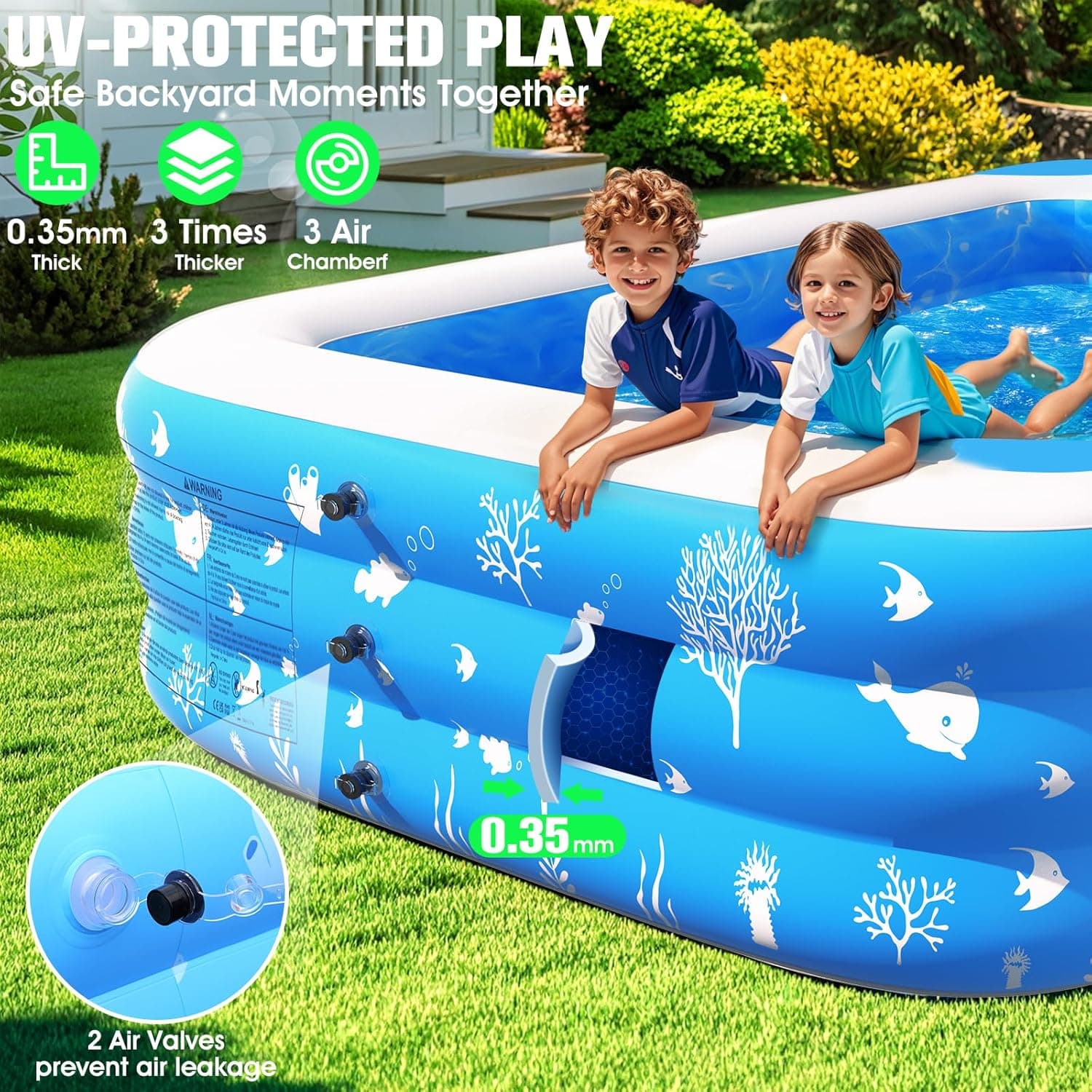 Inflatable Pool with Seat and Pool Lights, Durable Thickened Large Size Family Inflatable Pools for Adults Blow Up Pools,100" x 63" x 22"Swimming Inflatable Kids PooI for Backyard,Outdoor (White) - Image 5