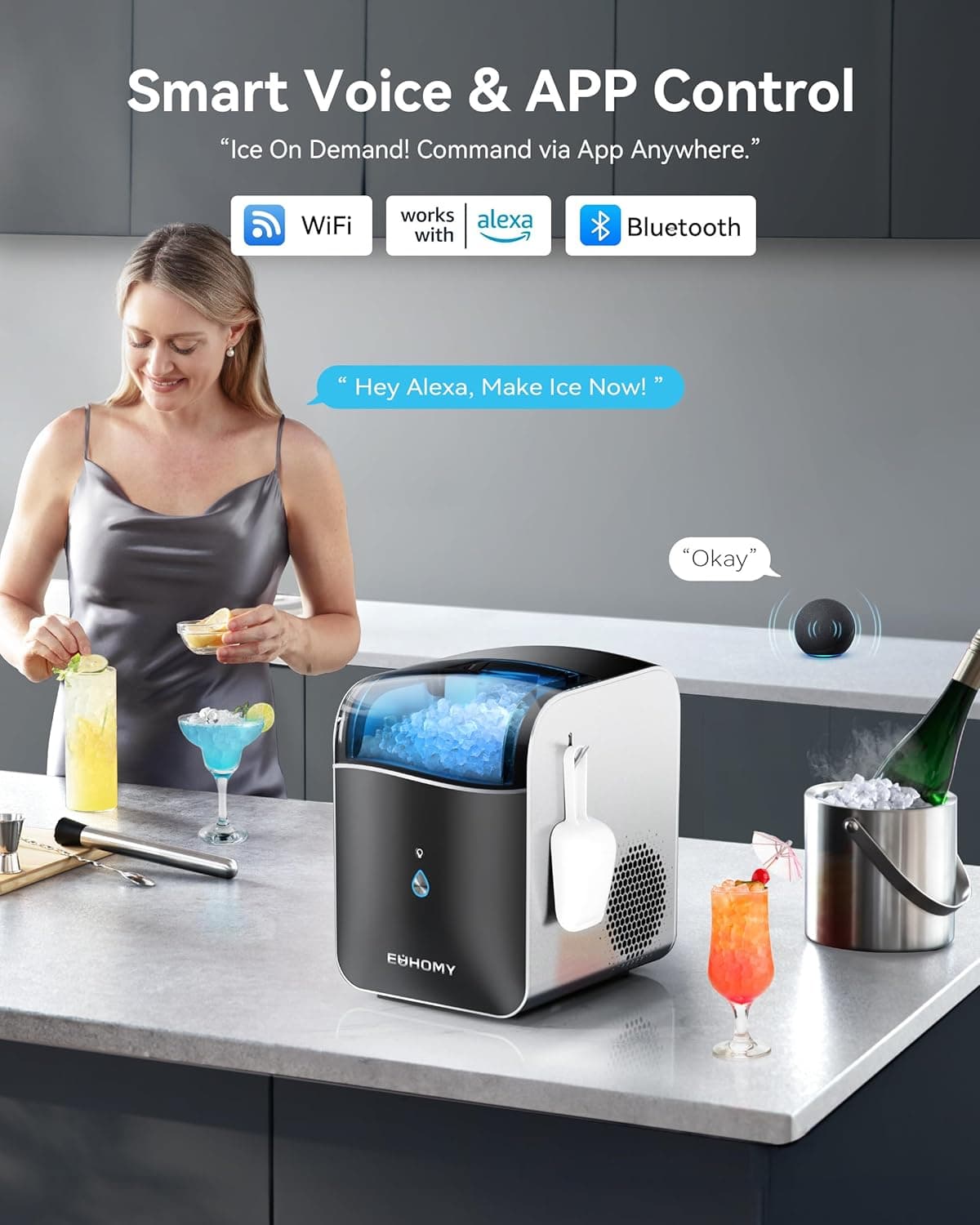 EUHOMY Smart Nugget Ice Maker Countertop, Pebble Ice Maker Machine with APP Control, 40lbs/24H, Ready in 7 Mins, Self-Cleaning, Portable Sonic Ice Makers with Hanging Ice Scoop for Home/Kitchen/Office Black 40 lbs/Day - Image 4