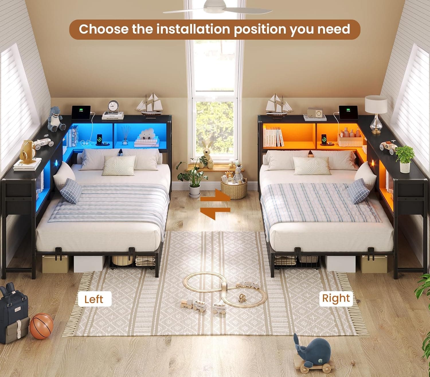 Hasuit Twin Corner Bed Frame with Storage Drawers and Bookcase Headboard, Twin Size Metal Platform Corner Bed Frame with Charging Station and LED Lights, Twin Daybed for Kids Teens Guests, Black Twin Black - Image 8