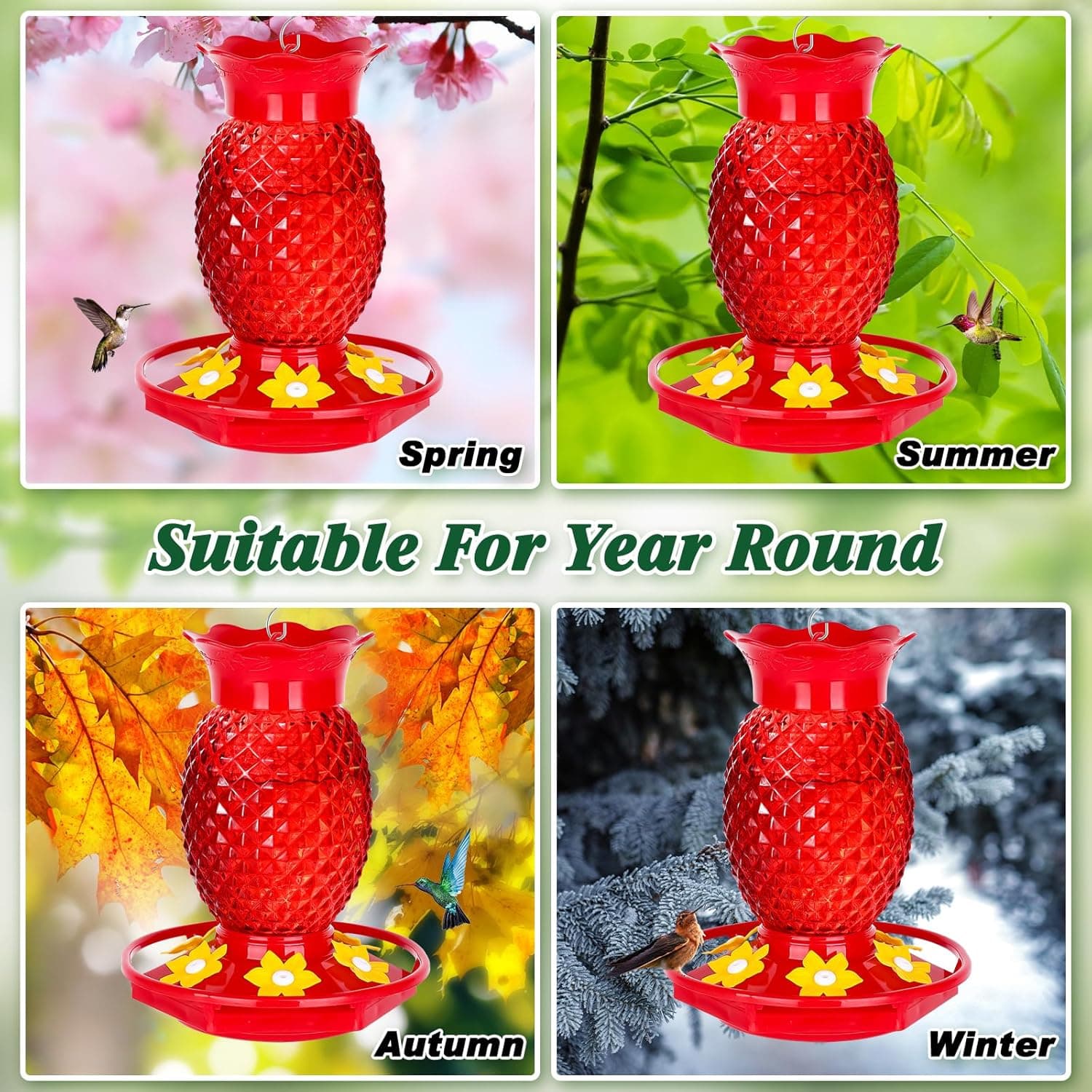 Glass Hummingbird Feeders for Outdoors Hanging Ant and Bee Proof 16OZ 2 Pack Red Pineapple Humming Bird Feeder with 6 Feeding Ports and Ant Moat Hummingbird Gifts for Women Garden Decor 2 16 OZ - Image 7