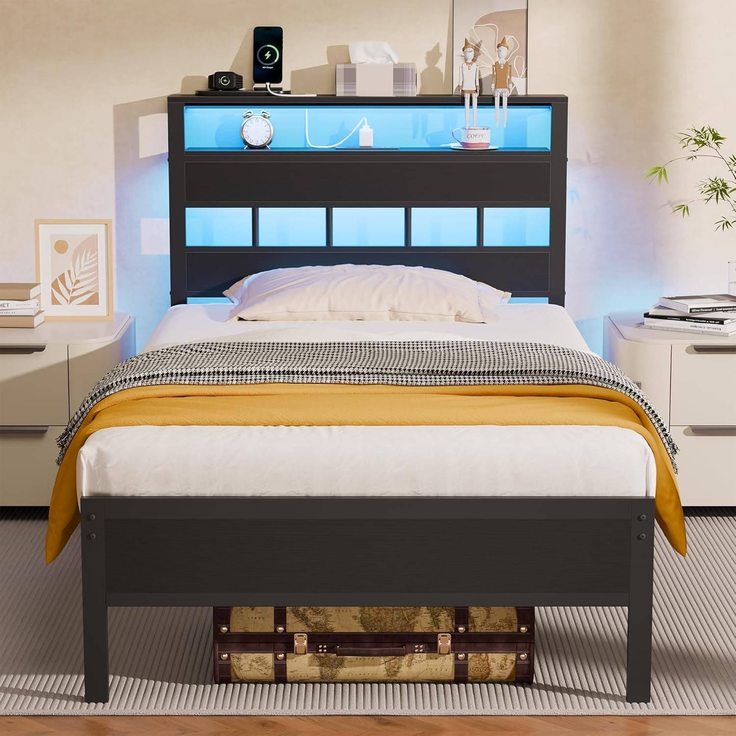 Furnulem Twin Bed Frames with Charging Station and LED Lights, Twin Size Platform Bed with Metal Slats, Wood Headboard with 2-Tier Storage Shelves, No Box Spring Needed, Black Oak Black Oak Twin - Image 2