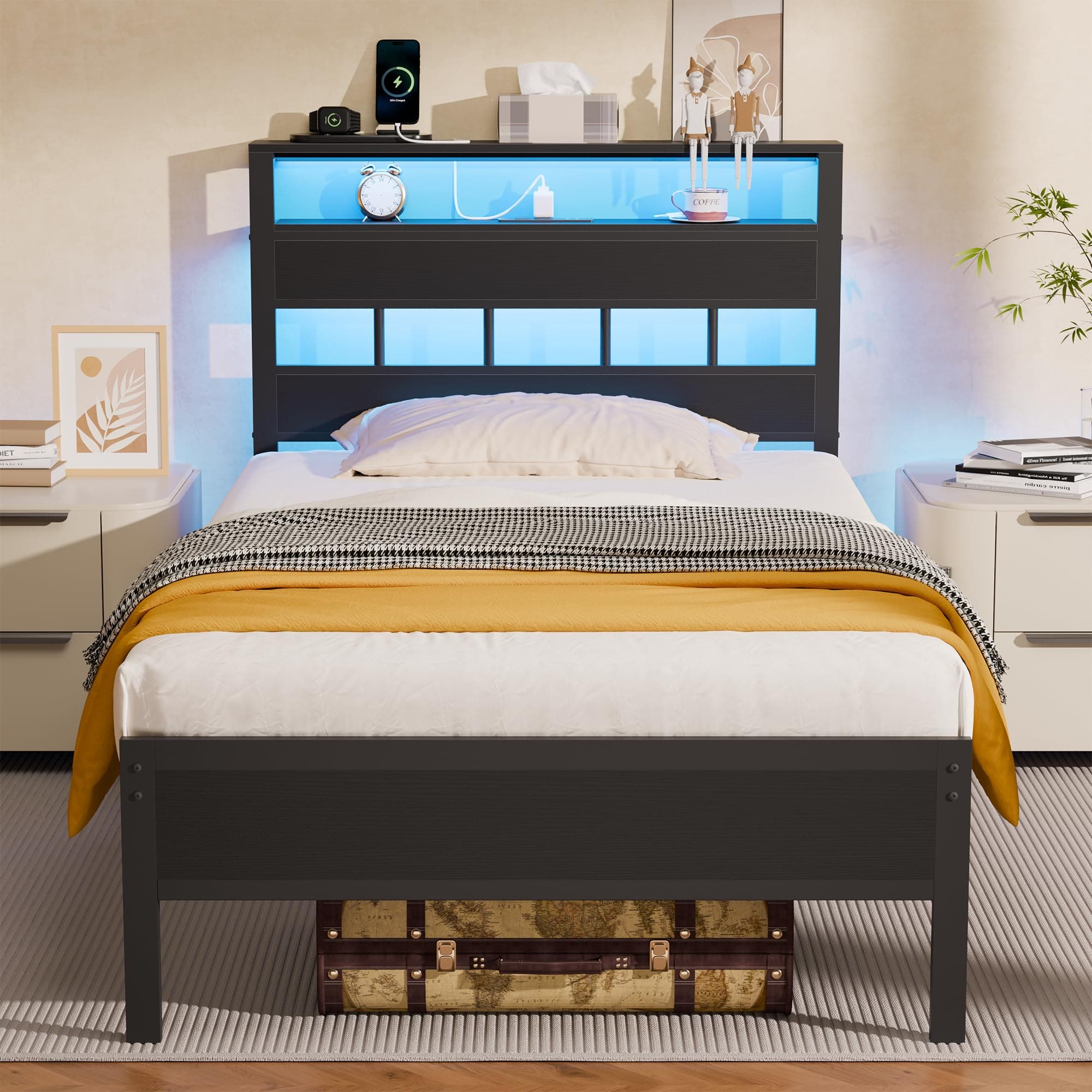 Furnulem Twin Bed Frames with Charging Station and LED Lights, Twin Size Platform Bed with Metal Slats, Wood Headboard with 2-Tier Storage Shelves, No Box Spring Needed, Black Oak Black Oak Twin