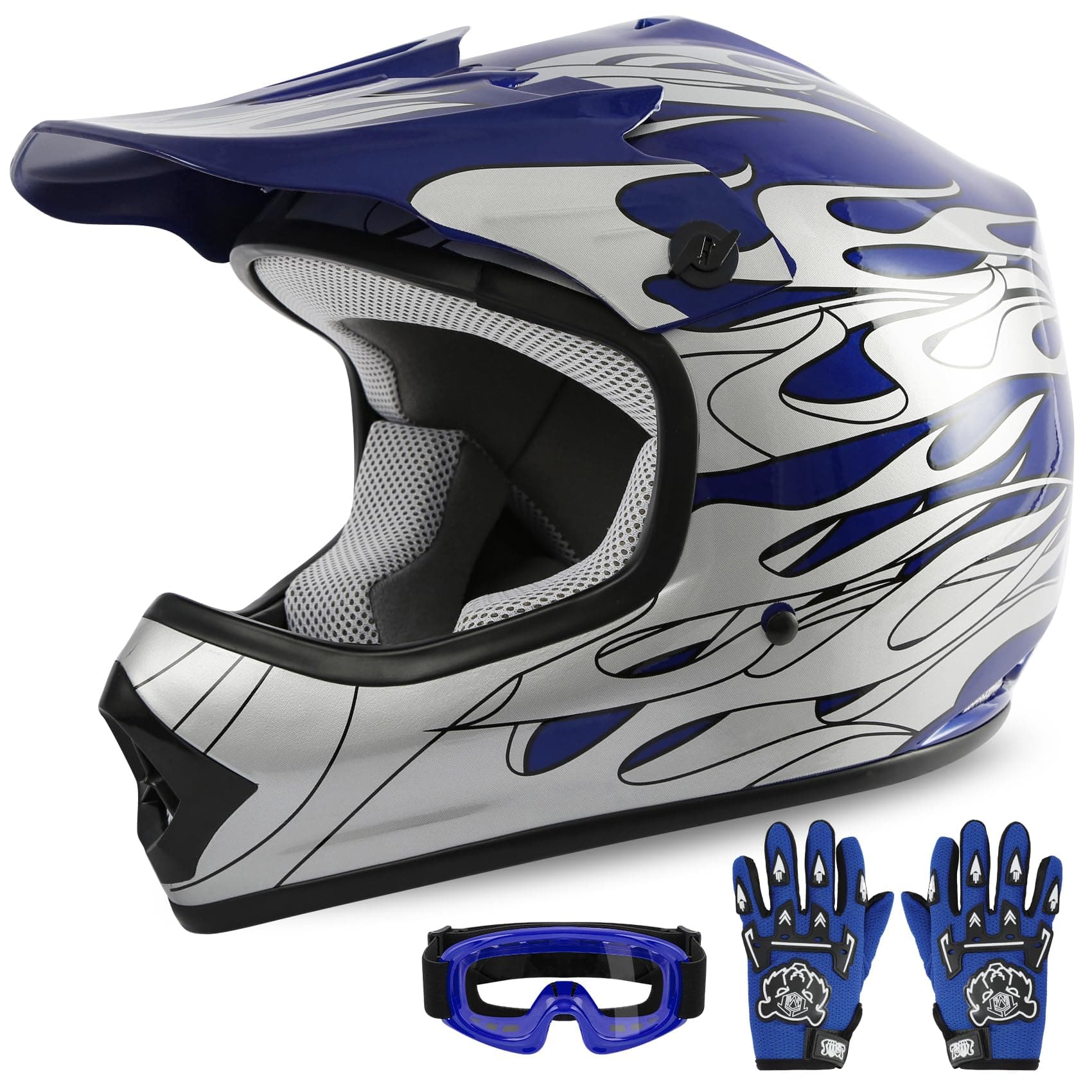 XFMT DOT Casco para Niños Motocross Full Face para Off-Road ATV, Moto Callejera, Cuatrimoto con Gafas y Guantes, Llama Azul Mediano
