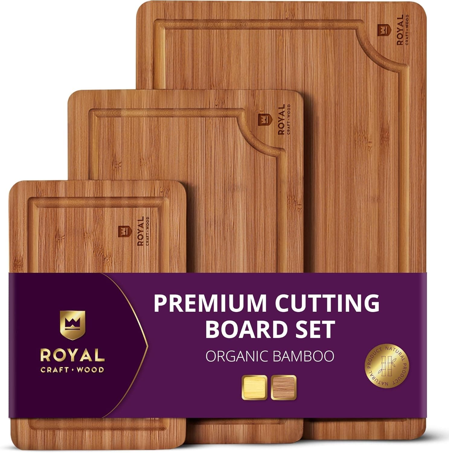 ROYAL CRAFT WOOD Wooden Cutting Boards for Kitchen Meal Prep & Serving - Bamboo Wood Serving Board Set with Deep Juice Groove Side Handles - Charcuterie & Chopping Butcher Block for Meat (3 Pcs) Carbonized Bamboo 3-Piece - Image 2