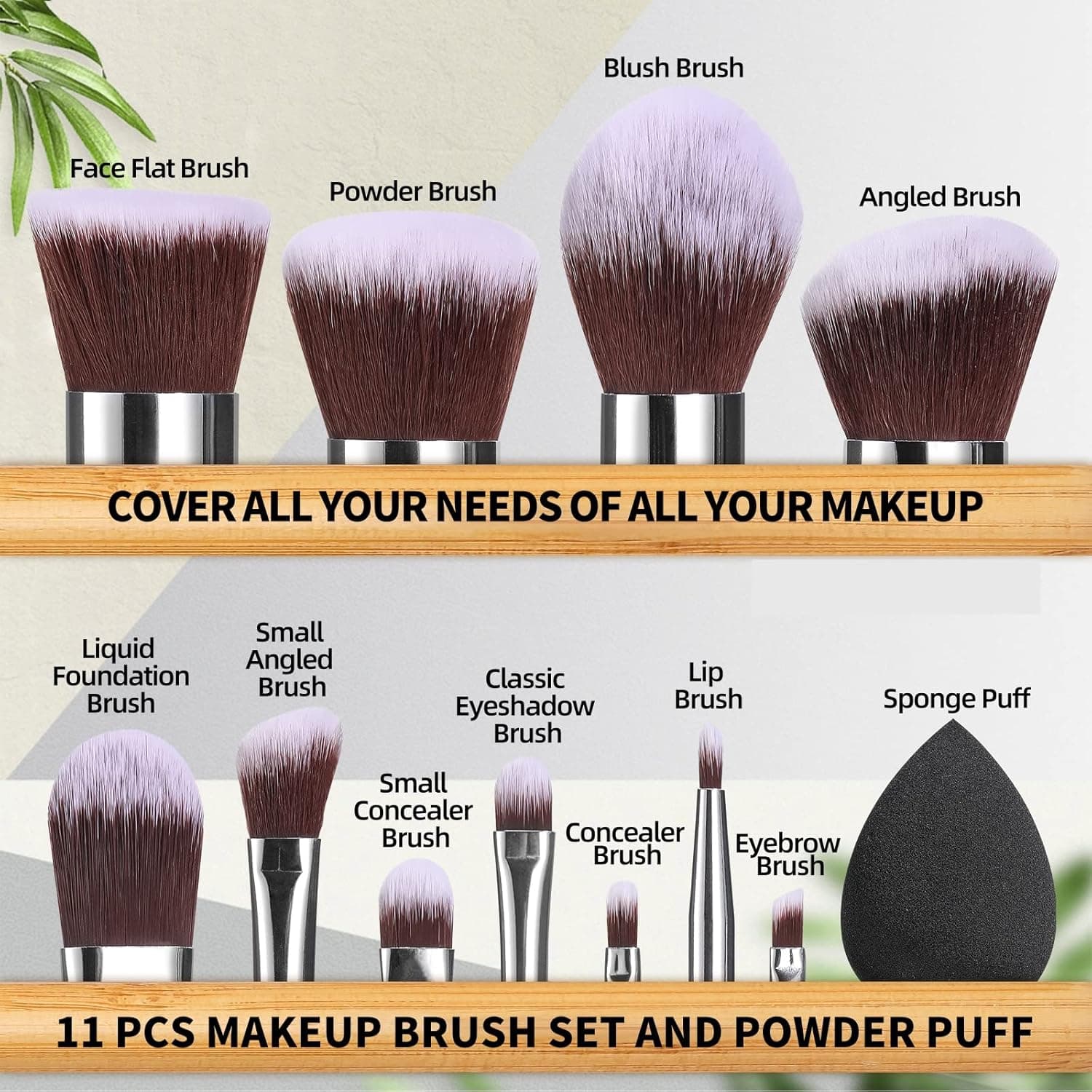 BS-MALL Makeup Brush Set 11Pcs Bamboo Synthetic Kabuki Brush Set Foundation Powder Blending Concealer Eye shadows Blush Cosmetics Brushes with Organizer Bag & Makeup Sponge (style, Count, 12) 12 Piece Set 1.0 - Image 5