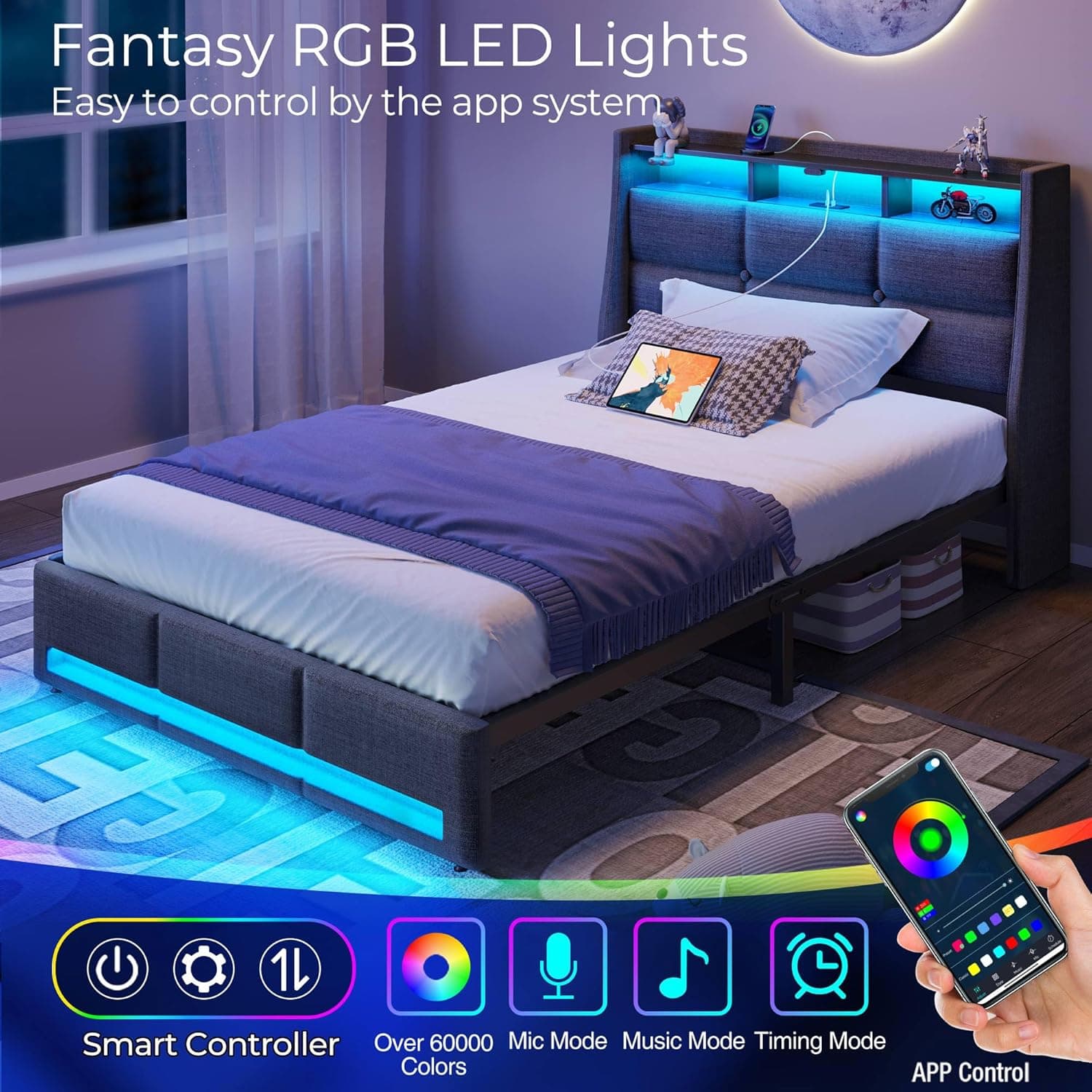 Rolanstar Twin Size Bed Frame with LED Lights and Charging Station, Upholstered Bed Storage Headboard & Drawers, Heavy Duty Wood Slats, Easy Assembly 4 Drawers Grey Twin - Image 4