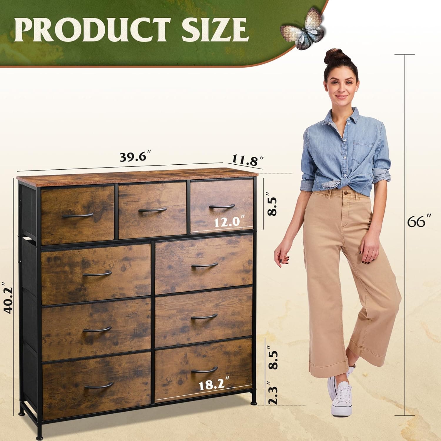 WLIVE 9-Drawer Dresser, Fabric Storage Tower for Bedroom, Hallway, Entryway, Closet, Tall Chest Organizer Unit with Fabric Bins, Steel Frame, Wood Top, Easy Pull Handle, Rustic Brown Wood Grain Print - Image 4