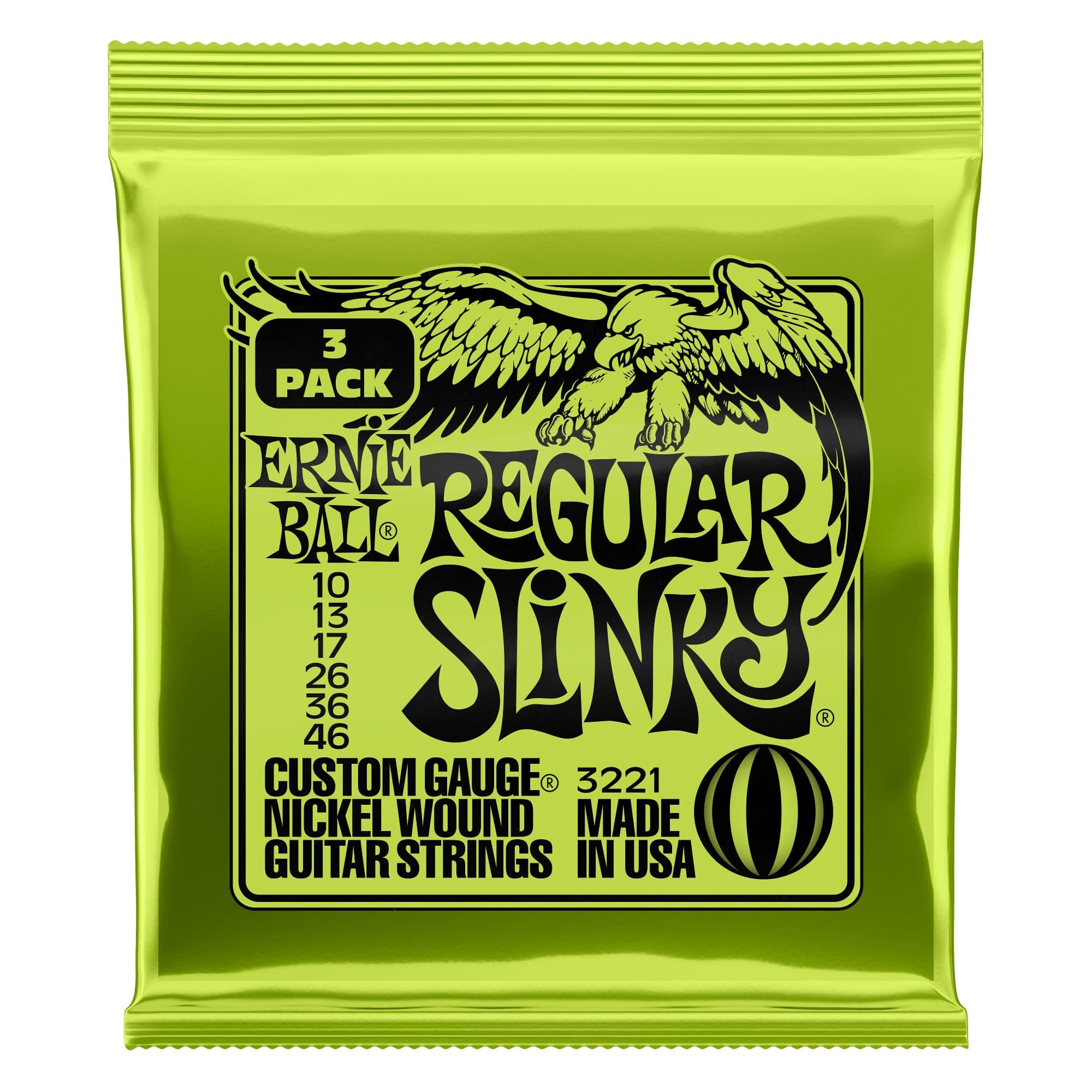 Ernie Ball Regular Slinky Nickel Wound Electric Guitar Strings 3-pack, 10-46 Gauge (P03221) Regular (10-46) 3-Pack