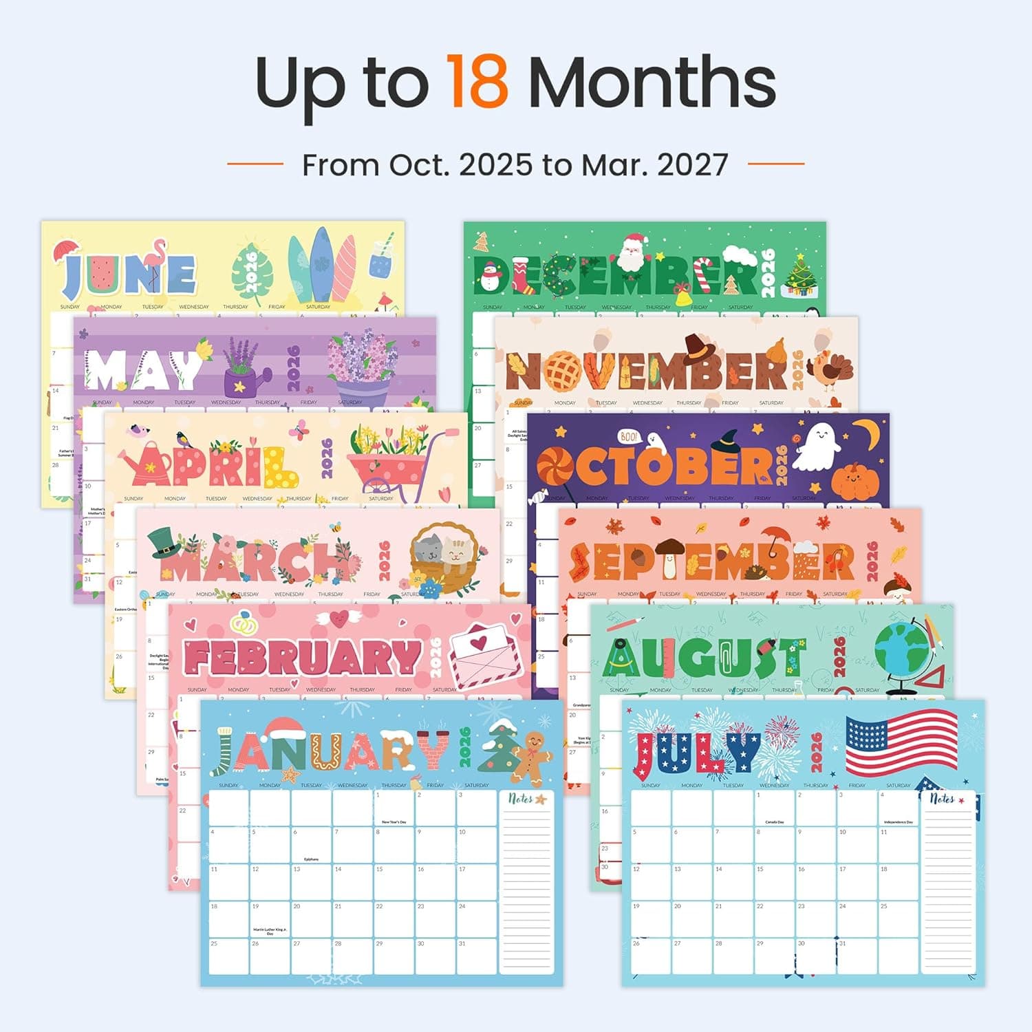 SUNEE 2026 Calendar- 18 Months Oct. 2025 - Mar. 2027, 14.5"x11.5" Big Grid Hanging Calendar 2026 with Note for Organizing & Planning, 2026 Wall Calendar with Note, Cute Cute 14.5x11.5 - Image 4