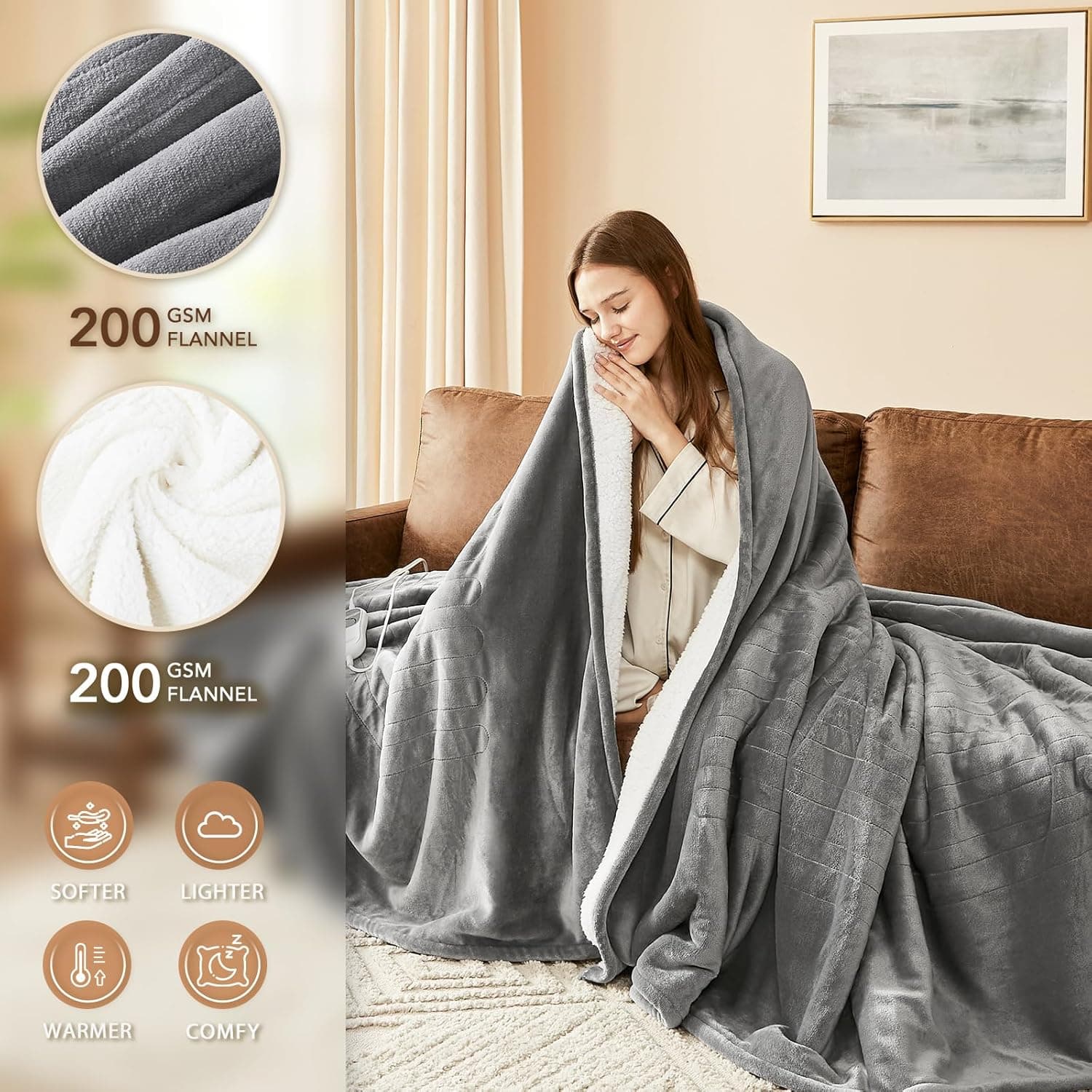 Homemate Electric Heated Blanket Twin - 62"x84" Heating Bed Blankets Throw with 10 Heating Levels 8 Hours Auto Off Fast Heating Over-Heated Protection Ultra Soft Warm Flannel ETL Certified Grey Grey Twin 62"x84" - Image 4