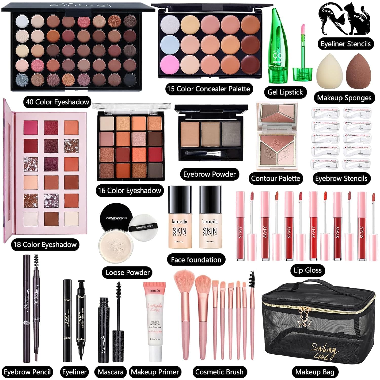 All in One Makeup Kit for Women Full Kit, Make Up Gift Set for Women, Makeup Essential Bundle Includes Foundation Face Primer Eyeshadow Contour Palette Lipstick Eyeliner Mascara Cosmetic Brush Set - Image 3