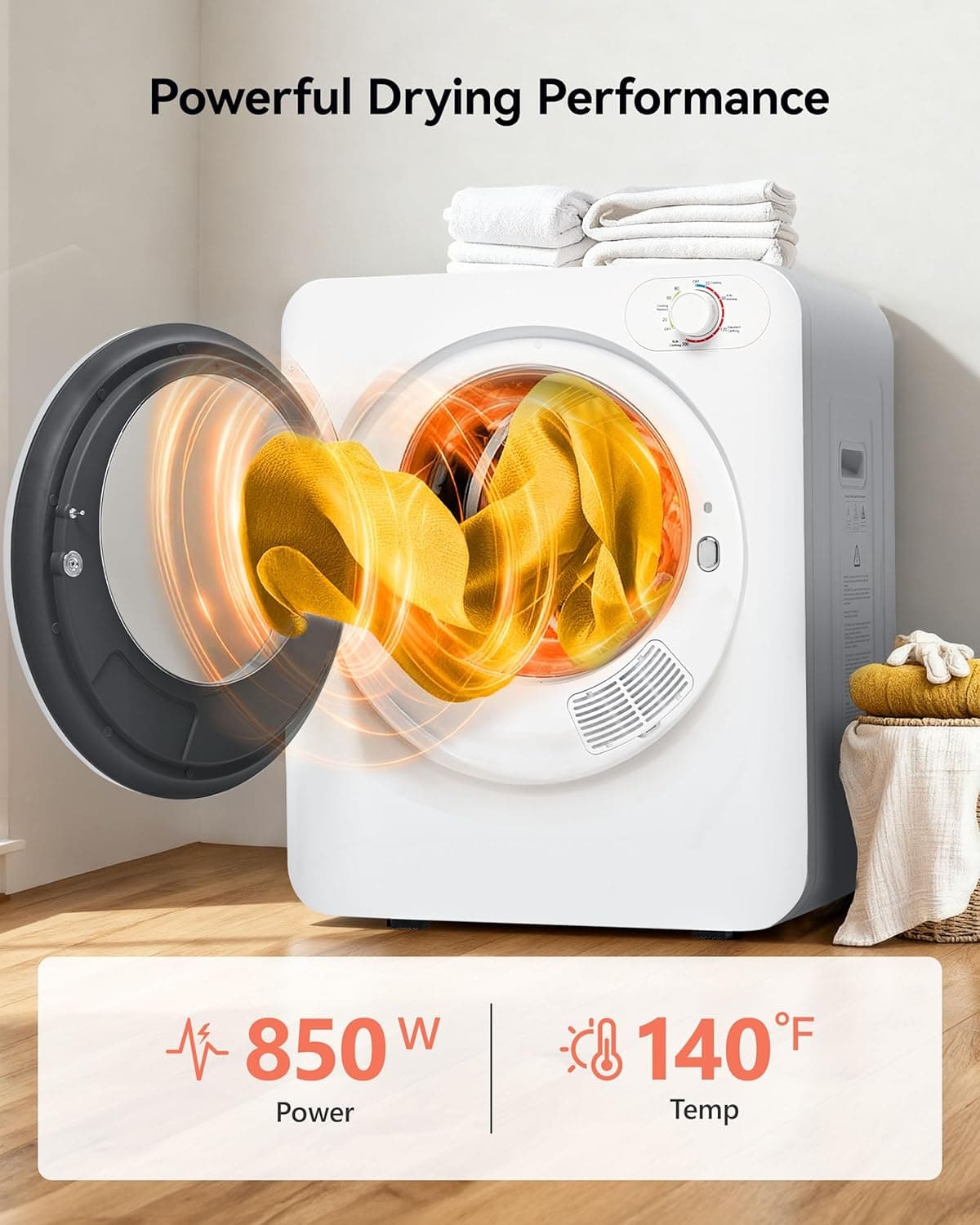 Euhomy Portable Clothes Dryer, 1.5 Cu.Ft. Portable Dryer, 850W Drying Machine with Front-Loading Stainless Steel Drum, 5 Functions, Suitable for Apartments, Dorms, RVs, Small Spaces 1.5 cu. ft. - Image 2