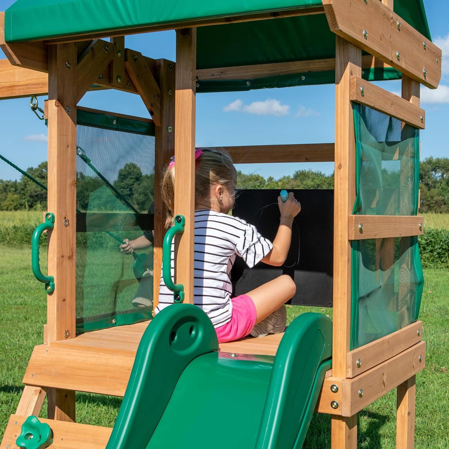 Backyard Discovery Buckley Hill Cedar Wood Swing Set with Wave Slide, Play Deck, Rock Wall Ladder, Belt Swings, Chalkboard, Canopy Roof, Outdoor Playset Green - Image 5