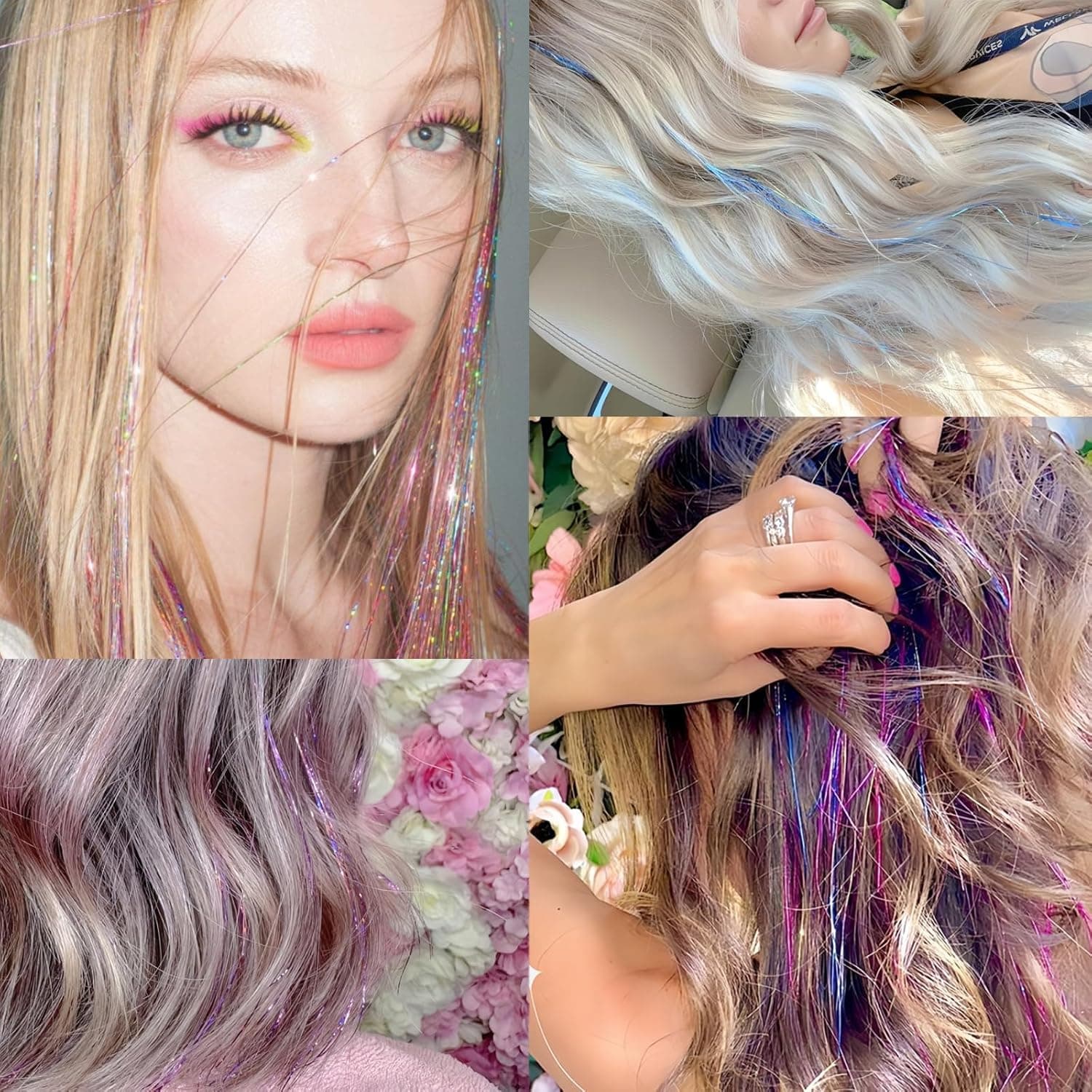 Hair Tinsel,18 Colors Hair Tinsel Kit for Girls 7600 Strands Fairy Tinsel Hair Extensions Holographic Hair Tinsel Heat Resistant Colored Hair Glitter Christmas Party Festival (18 Colors) - Image 6