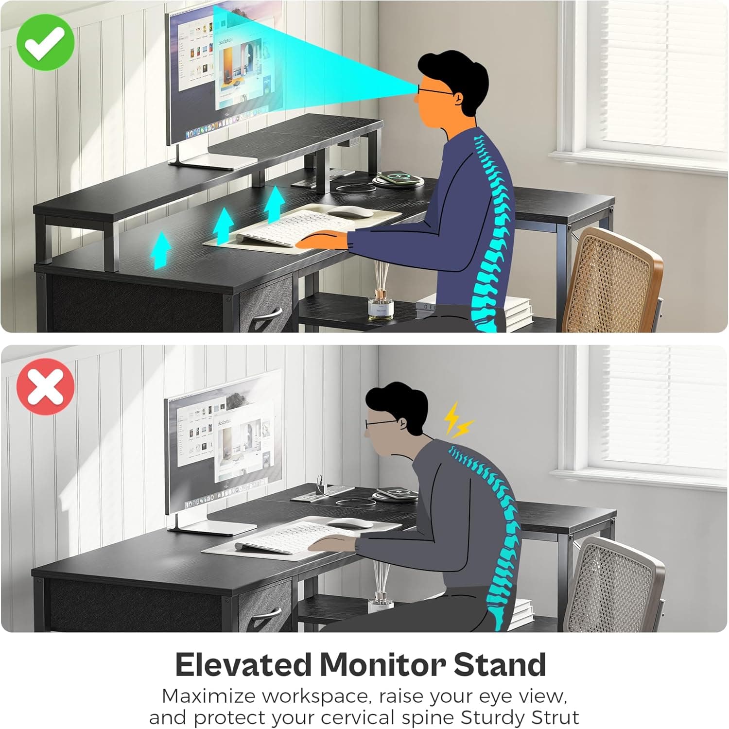 SUPERJARE 47 inch L Shaped Gaming Desk with LED Lights & Power Outlets, Reversible Computer Desk with Shelves & Monitor Stand, Corner Desk with Drawer, for Home & Office, Black, 7998BC Black 47 inch - Image 9