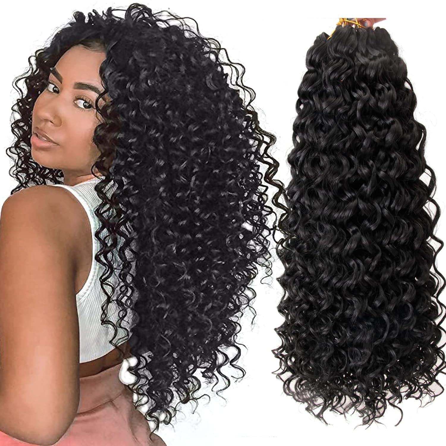 8 Packs Curly Crochet Hair GoGo Curl Crochet hair for Women Natural Black Deep Wave Braiding hair,Synthetic Bohemian Crochet Braid Water Wave Crochet hair Extensions(18inch, 1B) 1B 18 Inch - Image 2