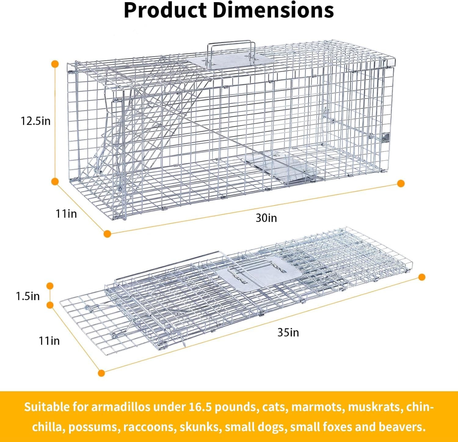 32" Live Animal Traps,Humane Animal Trap for Stray Cats up to 16.5 pounds, Raccoons, Squirrel, Skunk, Mole, Groundhog, Armadillo, Rabbit,Steel Foldable with Pedal Triggers - Image 3