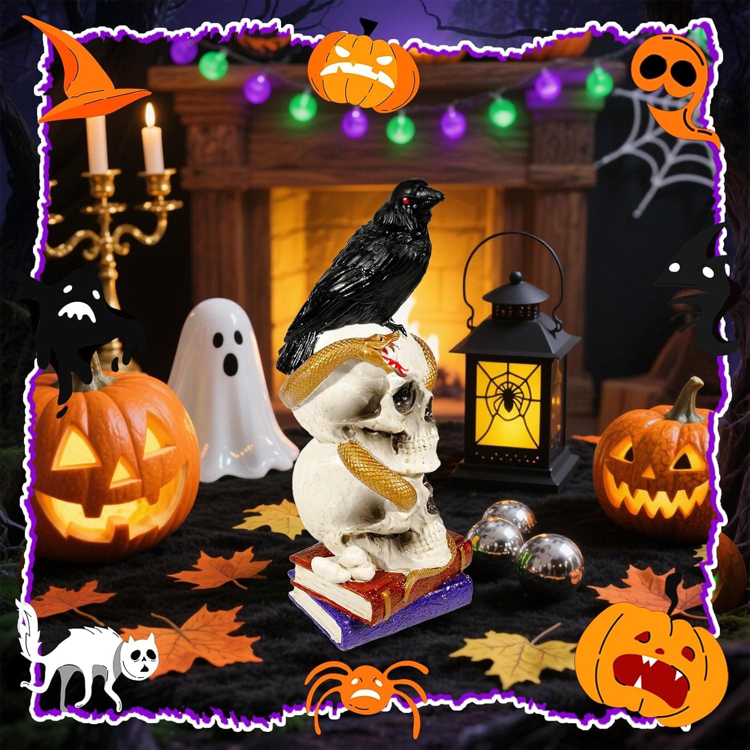 Wowagoga Halloween Raven Skull,Skeleton Skull Head, Totem Pole Decor with Book 8 Inch Tall Macabre Art Sculpture for Home Office - Image 5