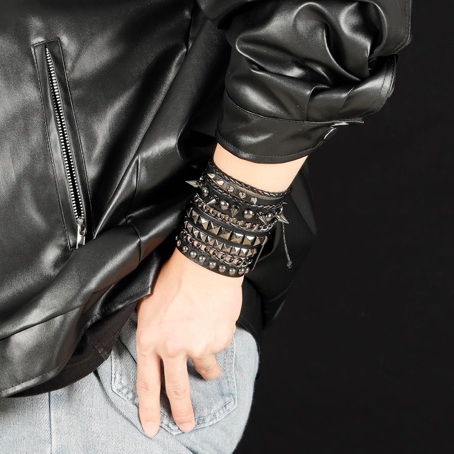 Eigso Leather Punk Rock Cuff Bracelets for Men Women Retro Vintage Chain 80s Wristband Set for Man Woman 3Pcs-C - Image 4