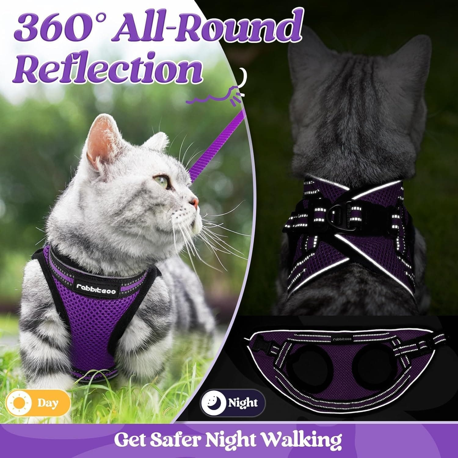 Conjunto de Arnés y Correa rabbitgoo para Gatos, a Prueba de Escape, Chaleco Suave Ajustable para Gatitos con Banda Reflectante, Chaleco Cómodo para Exterior, Morado, S Pequeño Morado - Image 8